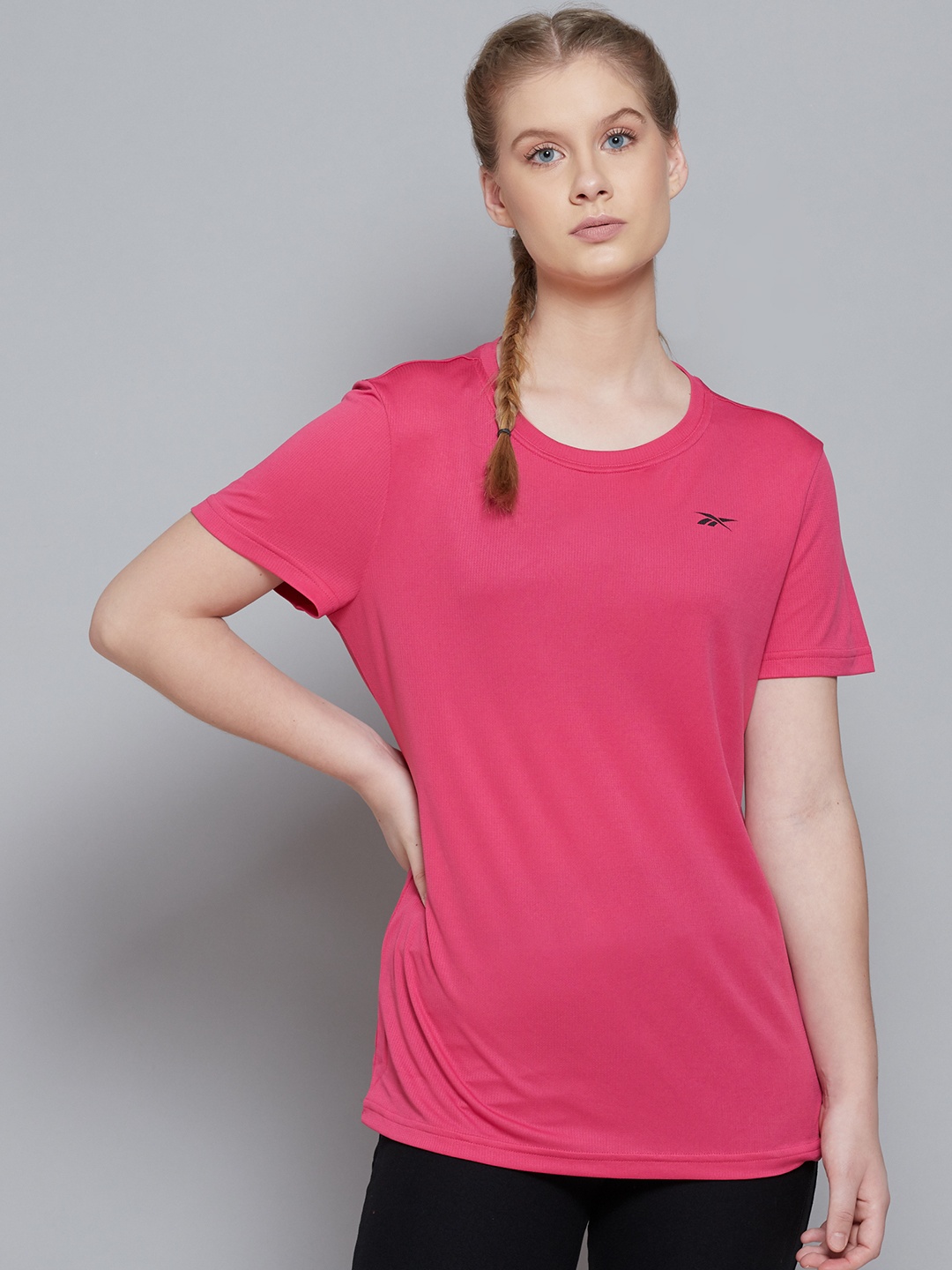 

Reebok Women Pink Brand Logo Slim Fit Training or Gym T-shirt
