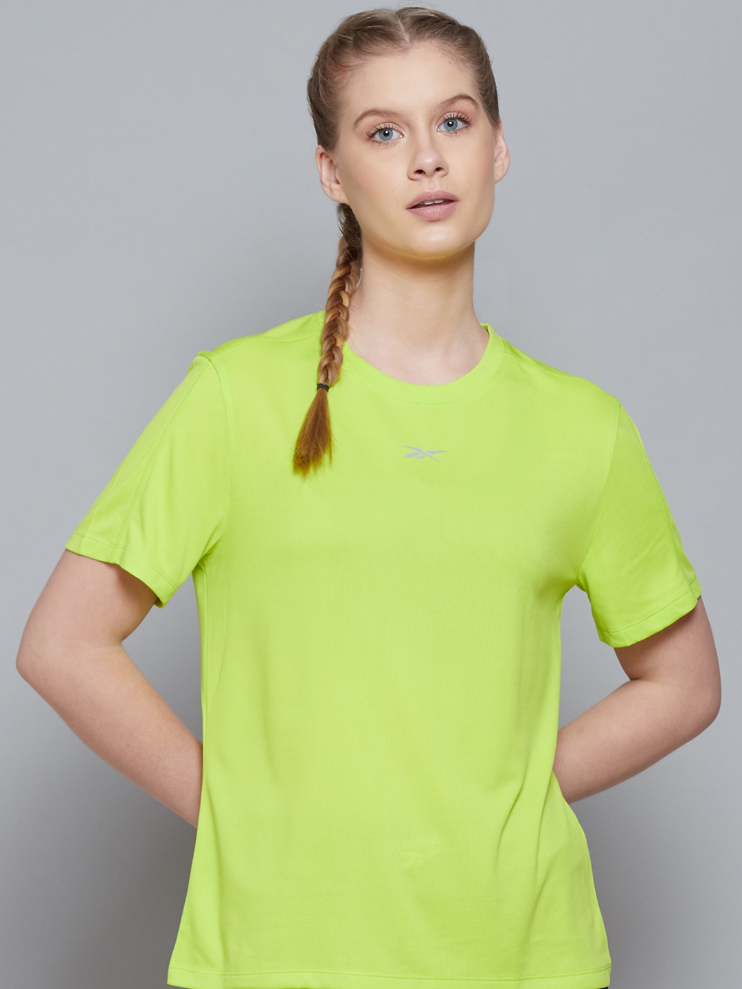 

Reebok Women Lime Green Brand Logo Speedwick Workout Running T-shirt