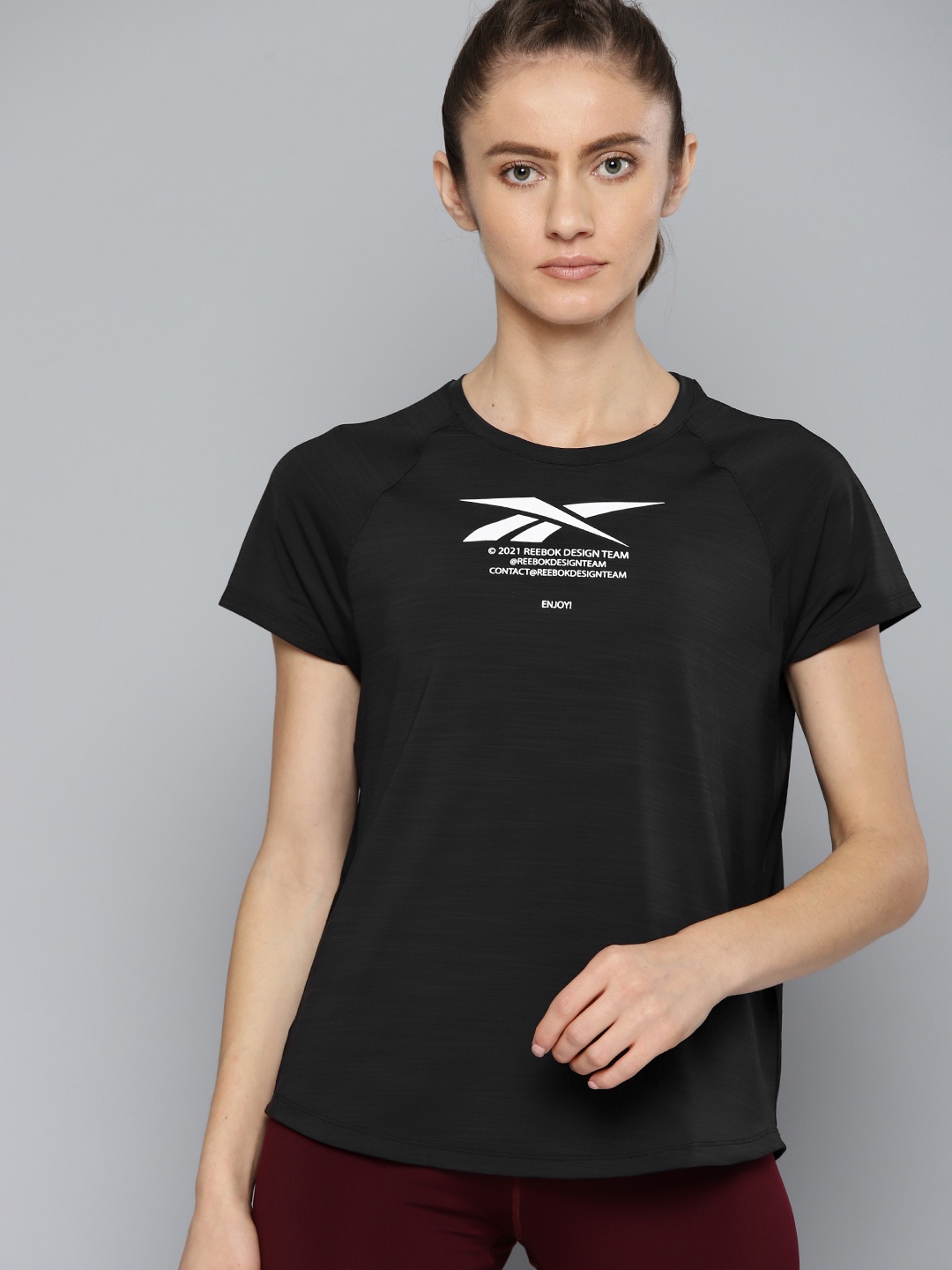 

Reebok Women Black & White Activchill Brand Logo Printed Running T-shirt