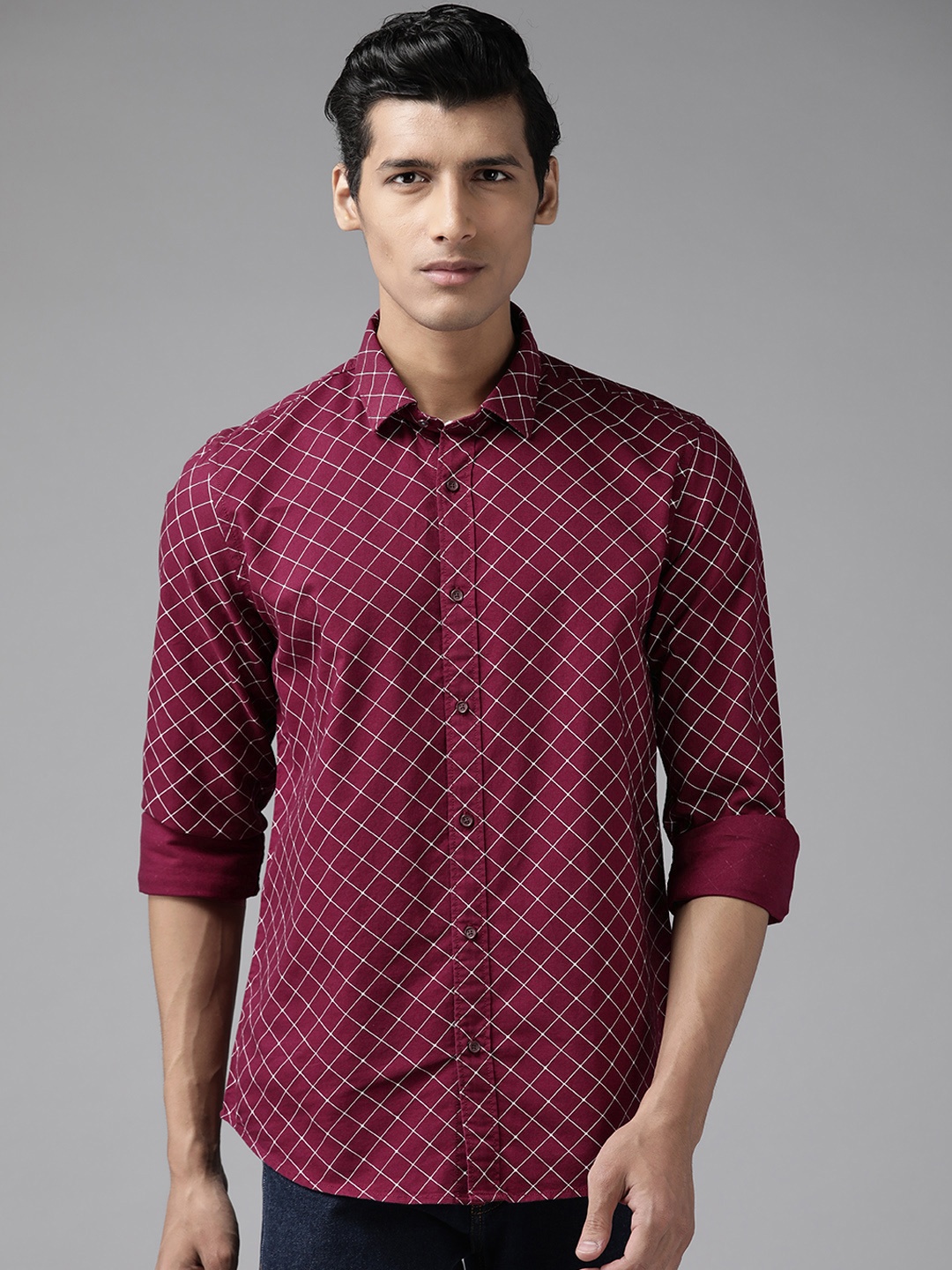 

Blackberrys Men Burgundy India Slim Fit Grid Tattersall Checks Checked Casual Shirt