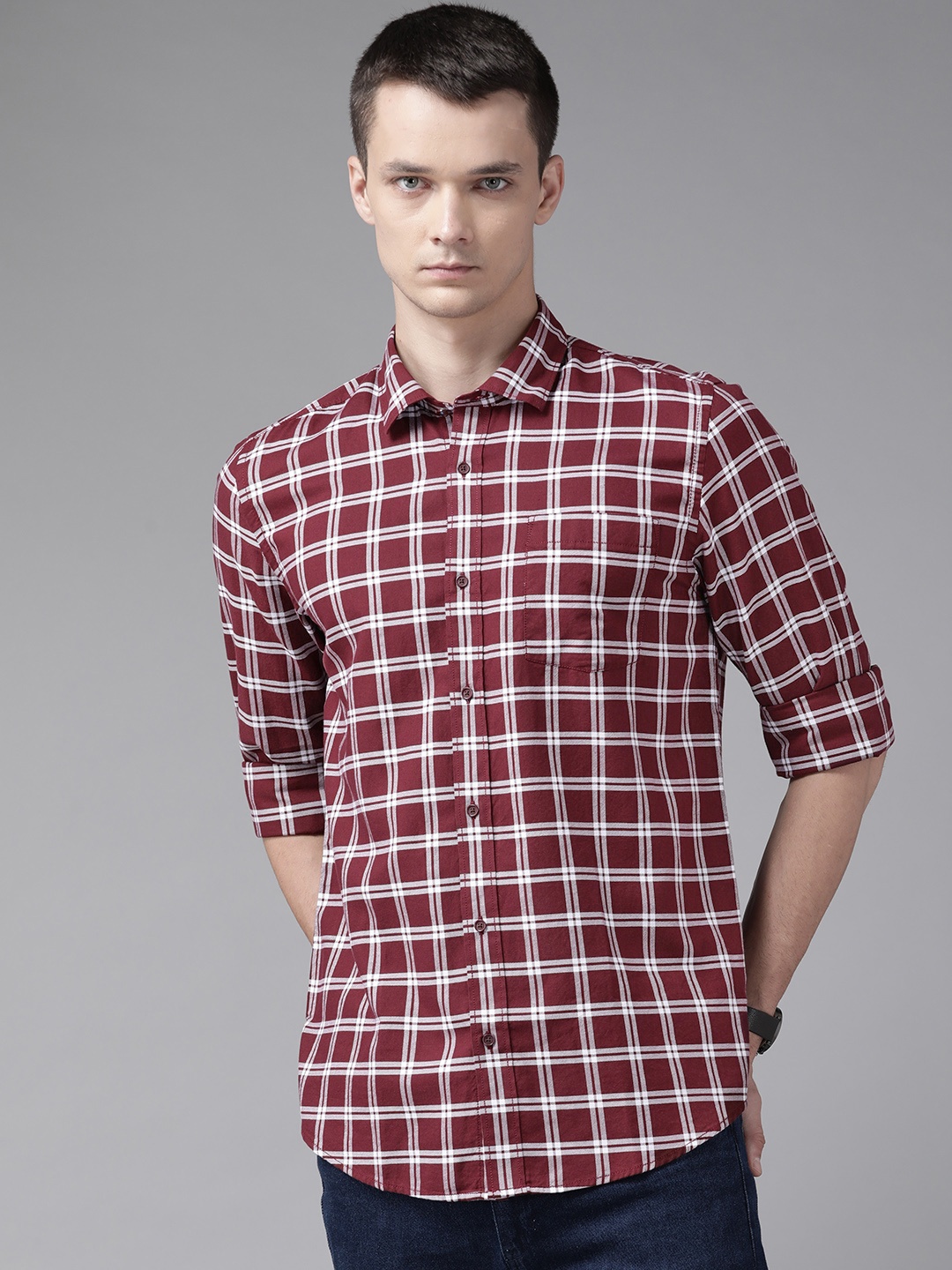 

Blackberrys Men Maroon & White India Slim Fit Checked Cotton Casual Shirt