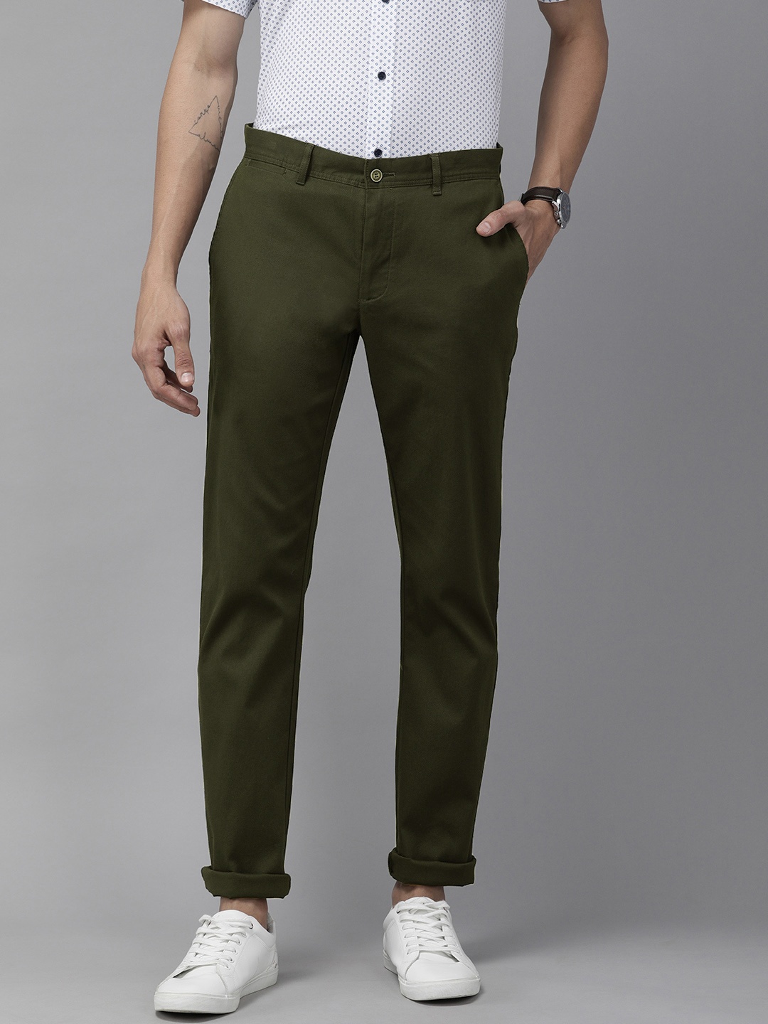 

Blackberrys Men Olive Green Sharp B-95 Slim Fit Chinos Trousers