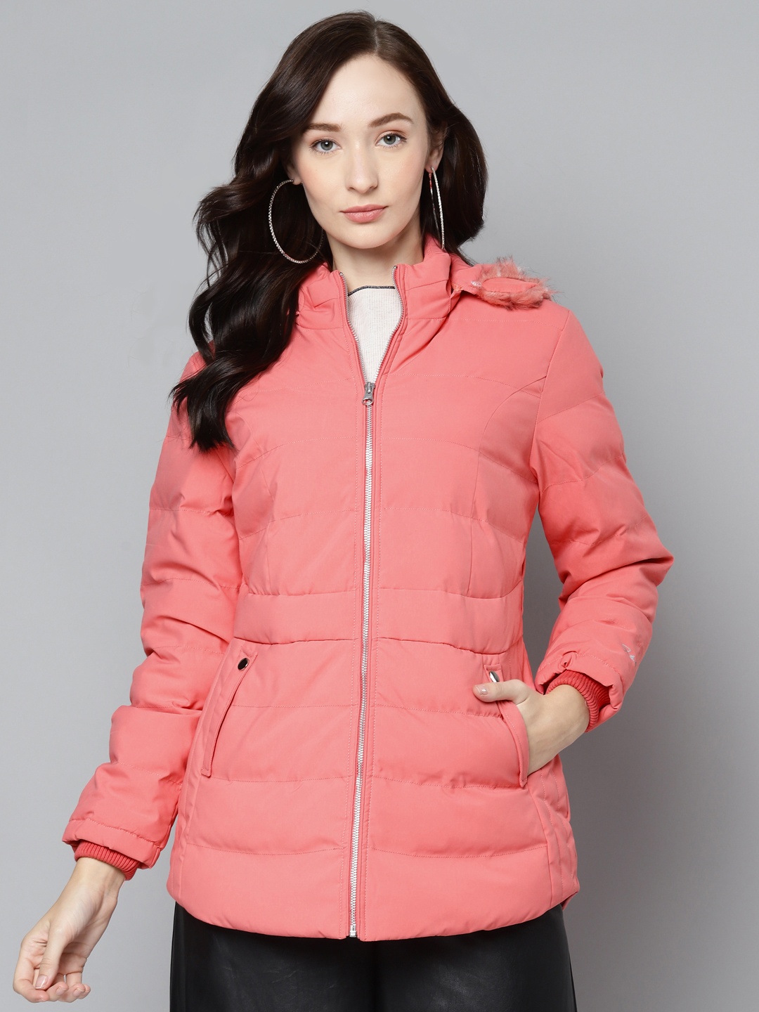 

Fort Collins Women Pink Longline Padded Jacket With Detachable Hood