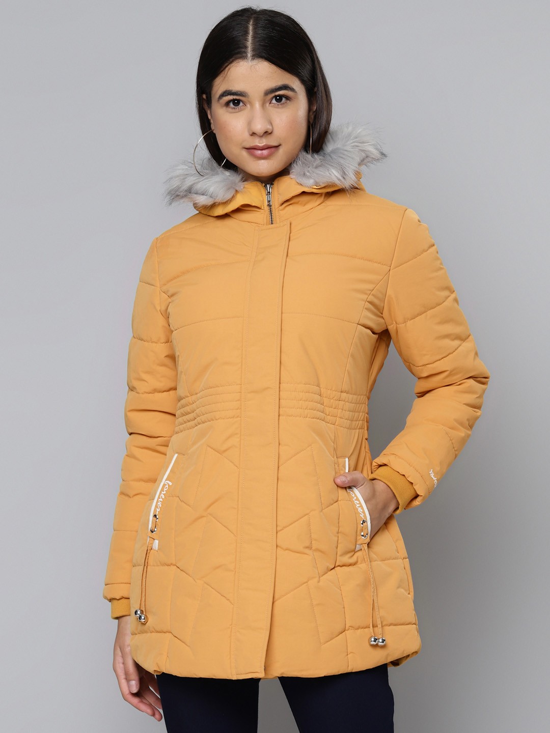 

Fort Collins Women Mustard Yellow Solid Parka Hooded Jacket