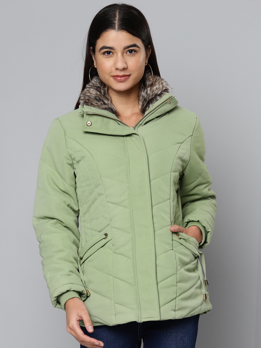 

Fort Collins Women Green Solid Padded Jacket with Faux Fur Trim