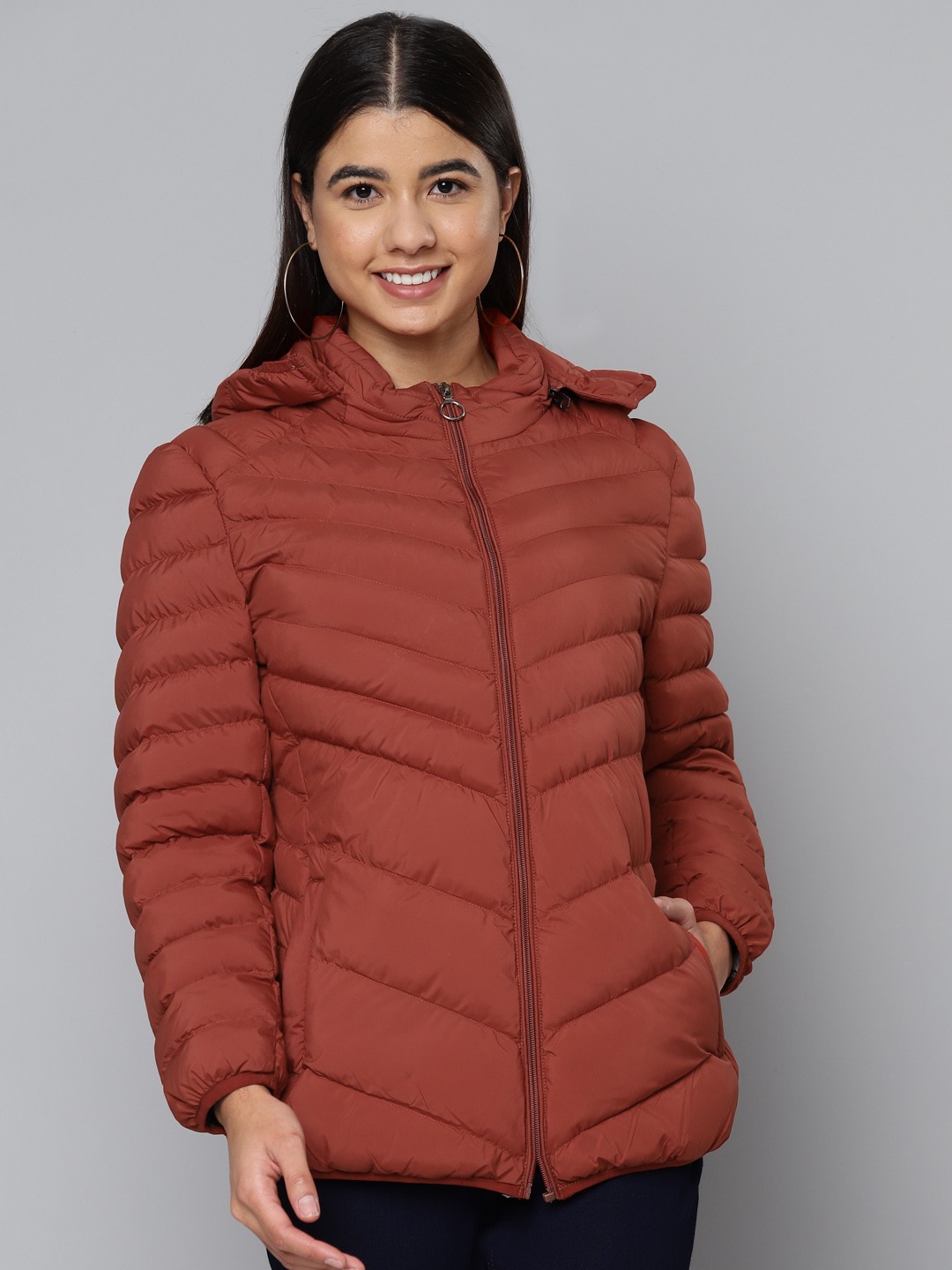 

Fort Collins Women Maroon Solid Padded Jacket with Detachable Hood