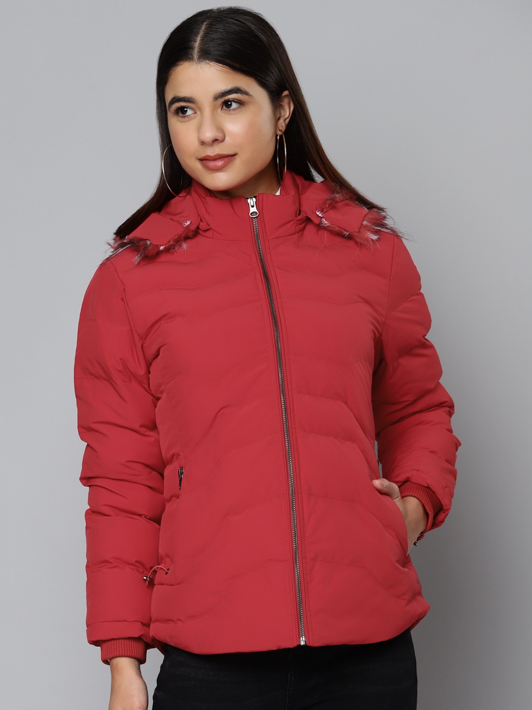 

Fort Collins Women Red Solid Padded Jacket with Detachable Hood