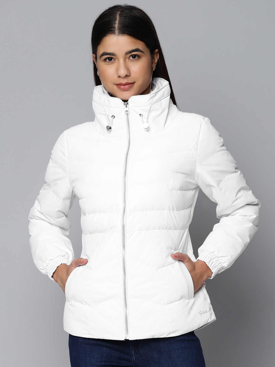 

Fort Collins Women White Solid Puffer Jacket with Faux Fur Collar