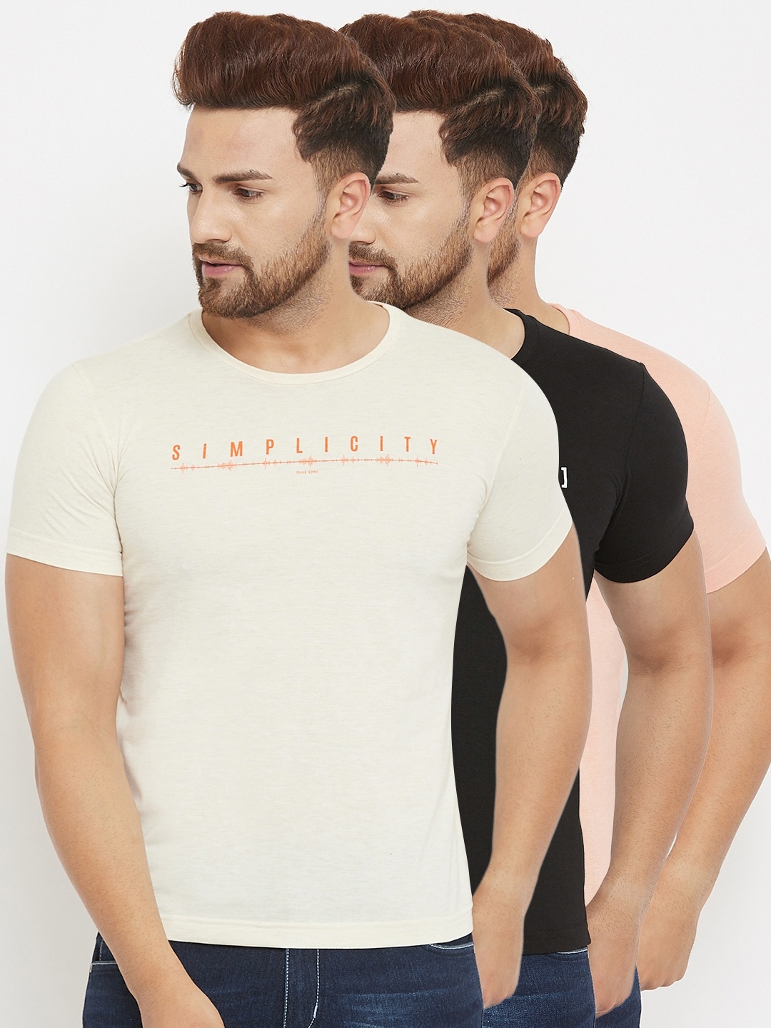 

Duke Men Set of 3 Typography Printed Slim Fit T-shirts, Multi