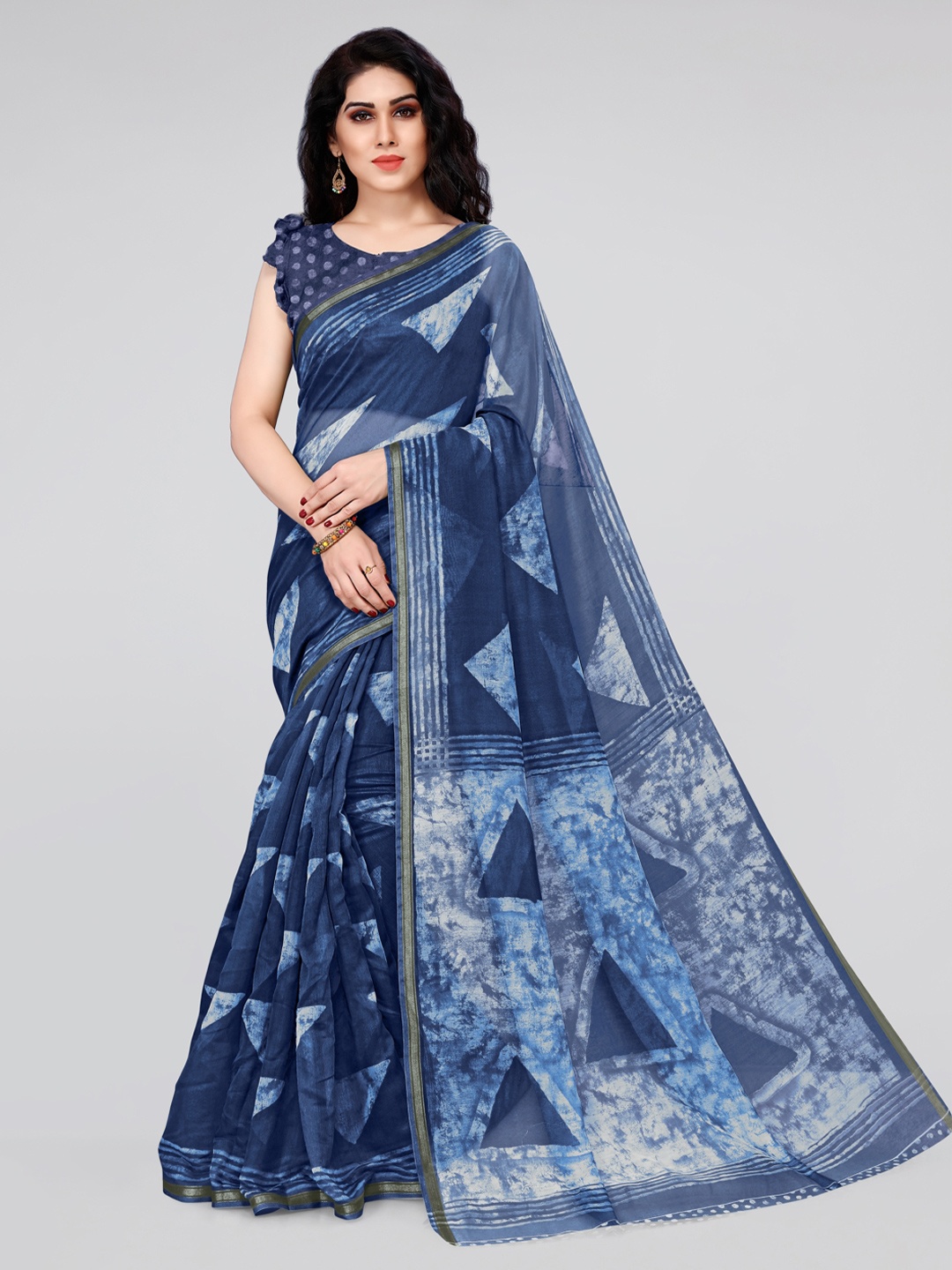 

KALINI Blue & White Block Print Poly Cotton Saree
