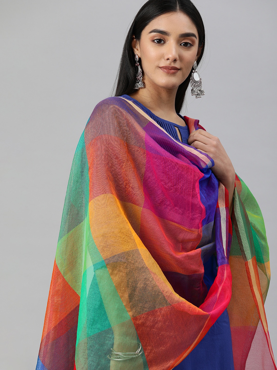 

swatika Multicoloured Banarasi Handloom Colourblocked Dupatta with Zari, Multi