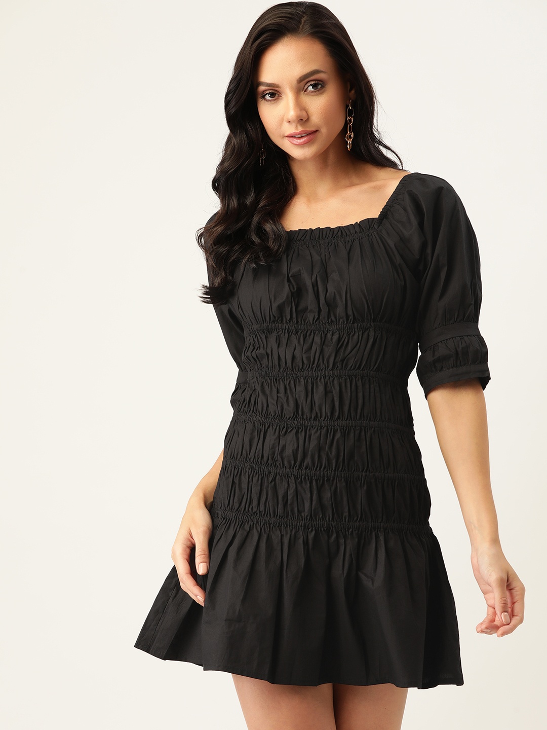 

VANCA ECO Black Solid Smocked Cotton A-Line Dress