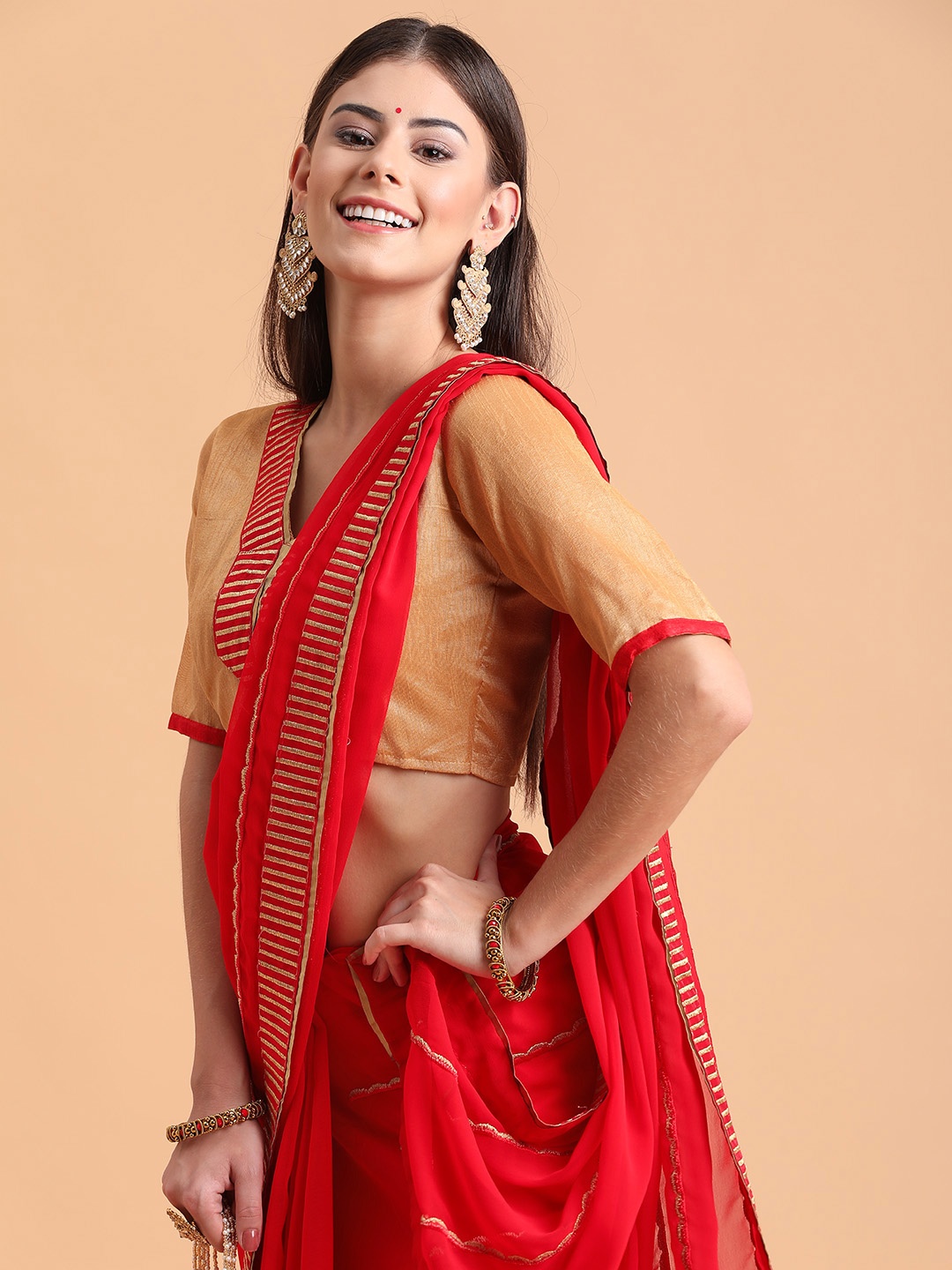 

Sangria Red & Gold-Toned Striped Embroidered Pure Georgette Saree