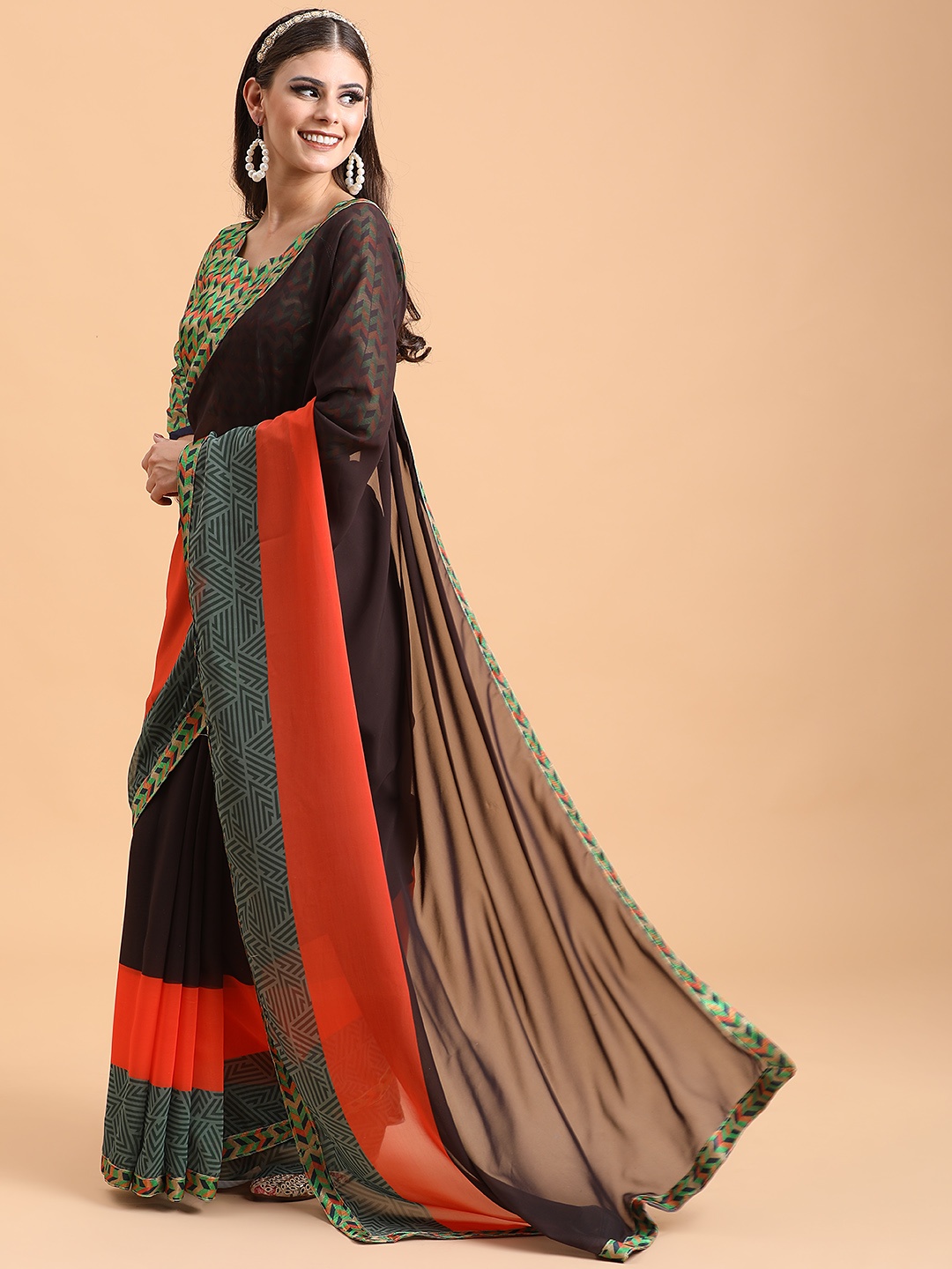 

Sangria Coffee Brown & Orange Pure Georgette Saree