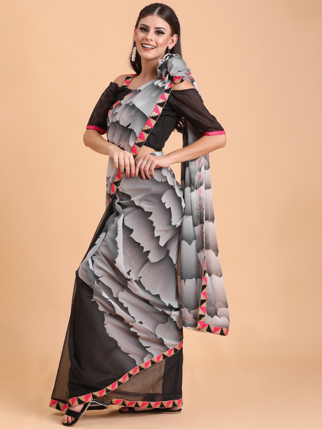 

Sangria Black & Grey Embroidered Pure Georgette Saree