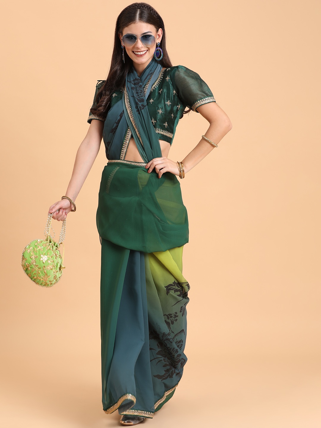 

Sangria Olive Green & Blue Ombre Pure Georgette Saree