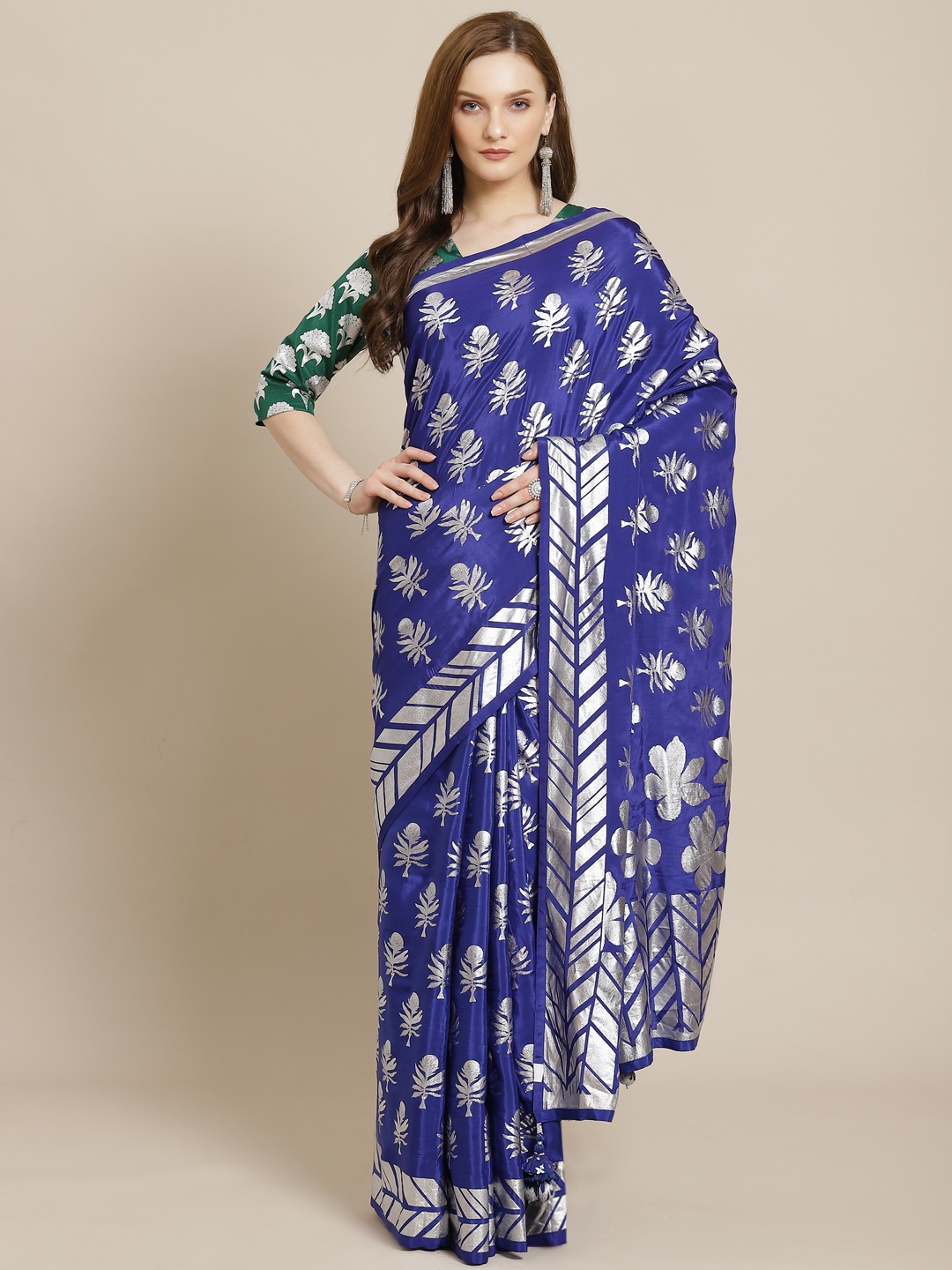 

Masaba Blue & Silver Ethnic Motifs Foil Print Pure Crepe Designer Saree