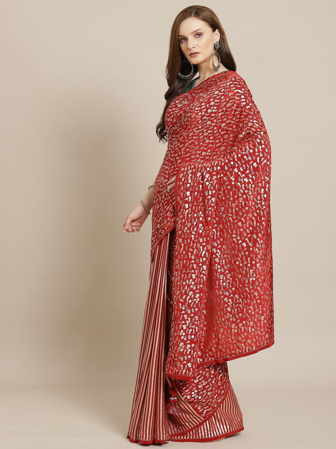 

Masaba Red & Golden Ethnic Motifs Foil Print Designer Saree