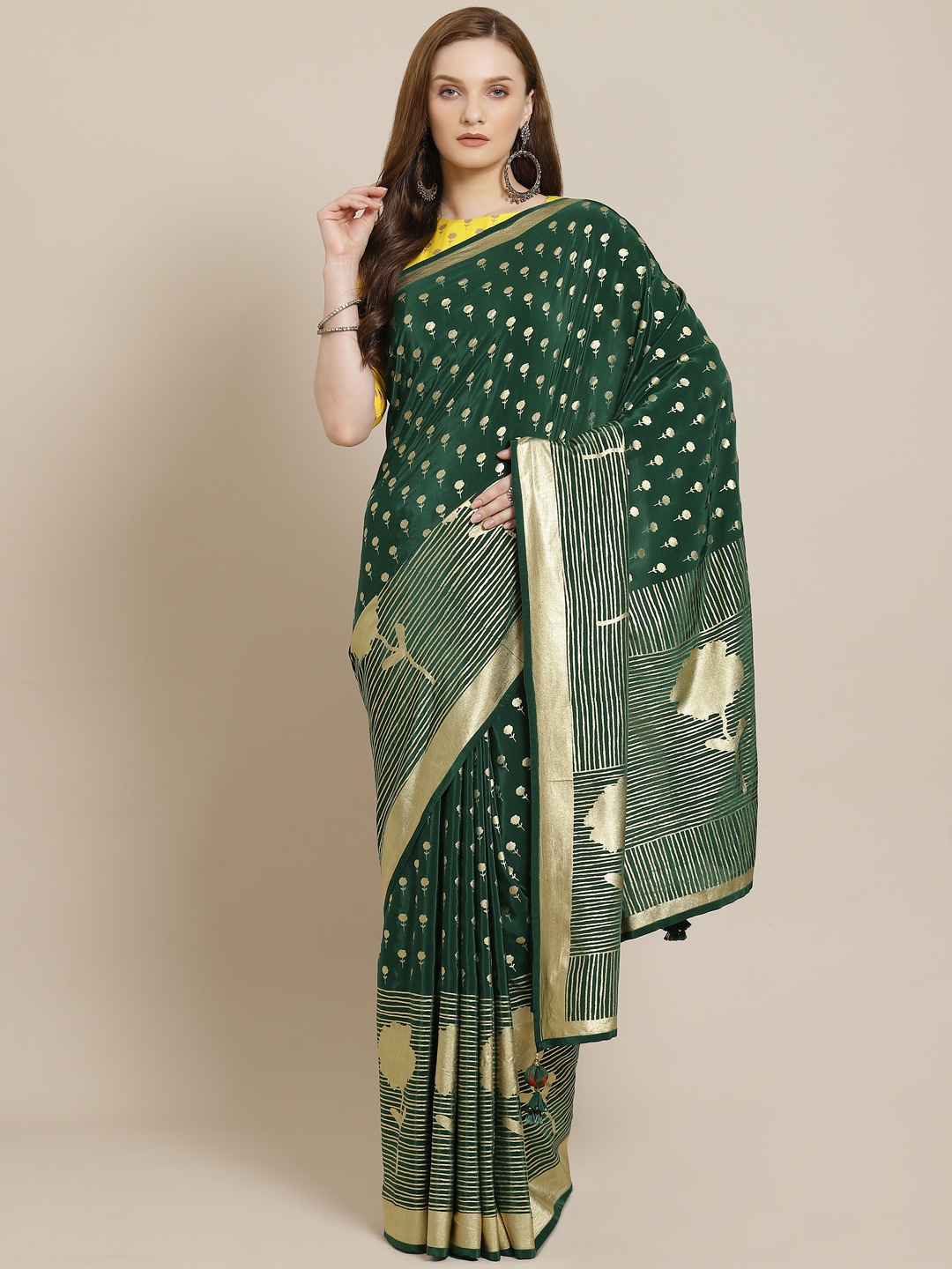 

Masaba Green & Golden Ethnic Motifs Foil Print Pure Crepe Designer Saree