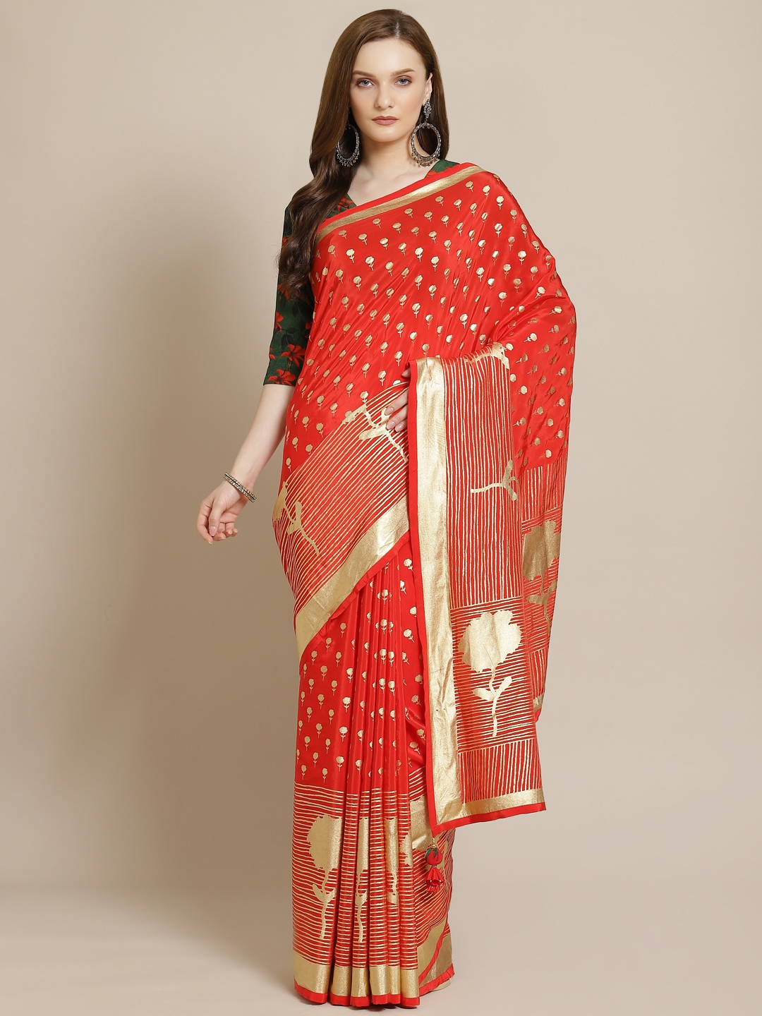 

Masaba Red & Golden Ethnic Motifs Foil Print Pure Crepe Designer Saree
