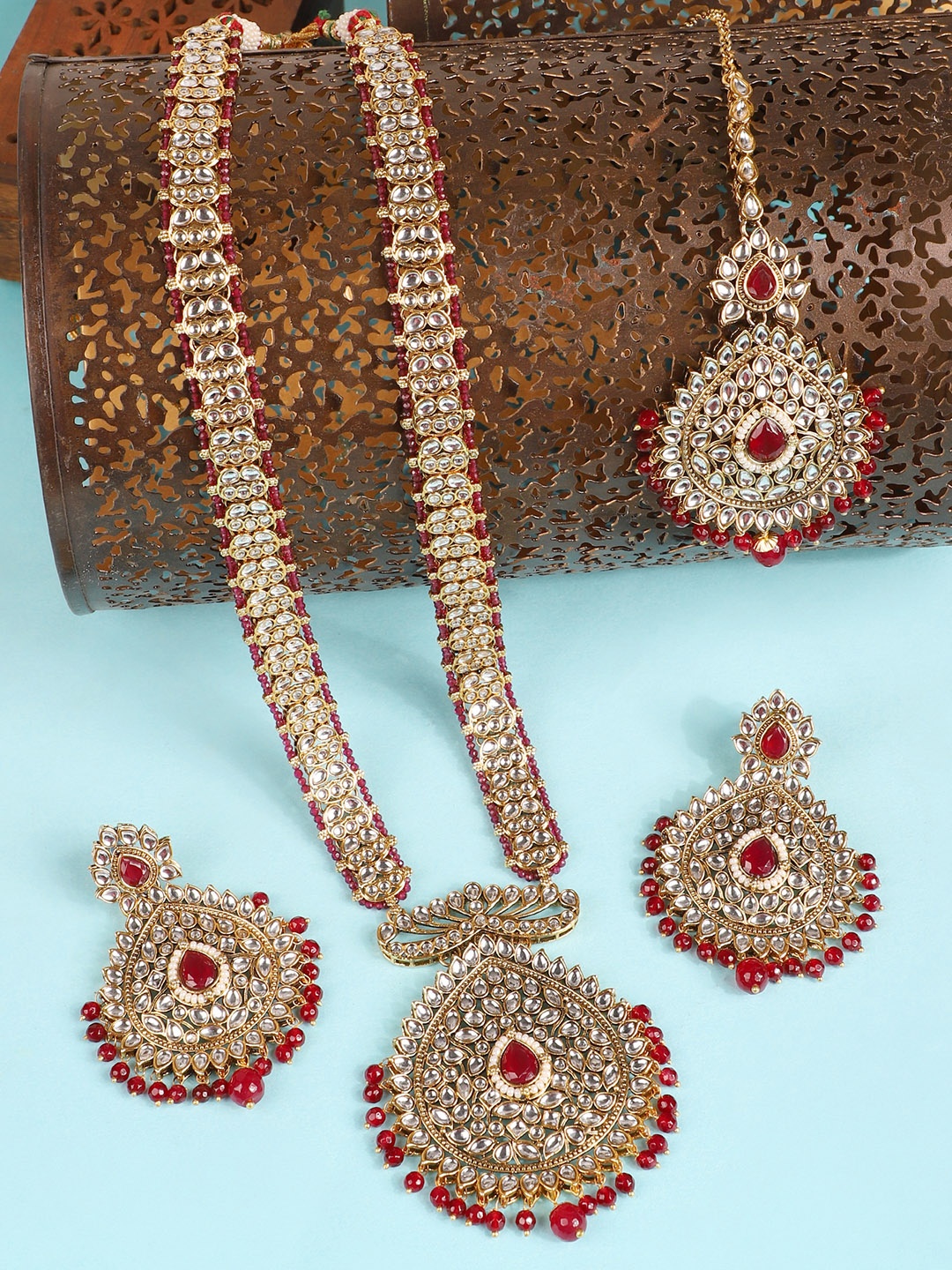 

ANIKAS CREATION Gold-Plated Red & White Stone-Studded Jewellery Set