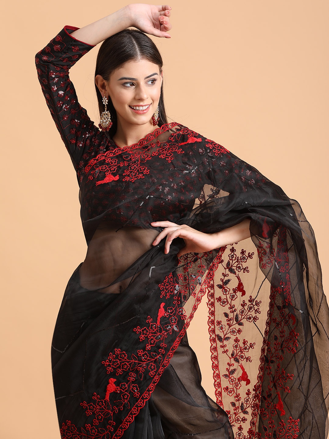 

Sangria Black & Red Embellished Sequinned Organza Saree