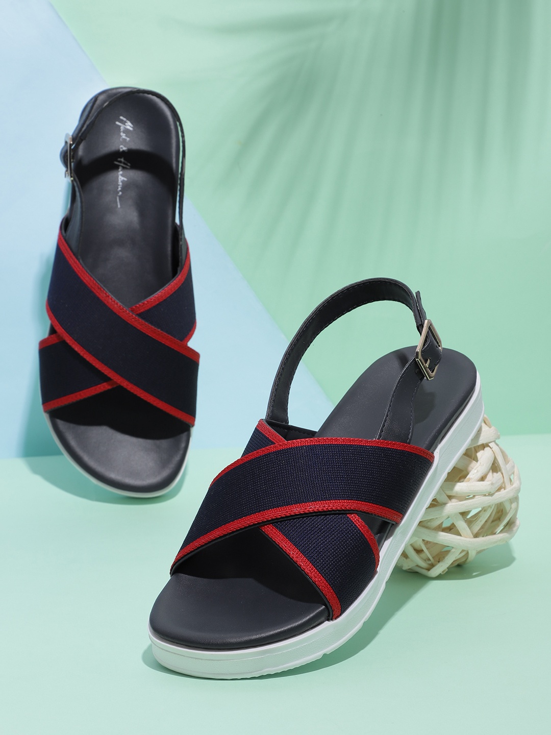 

Mast & Harbour Women Navy Blue & Red Solid Open Toe Flats