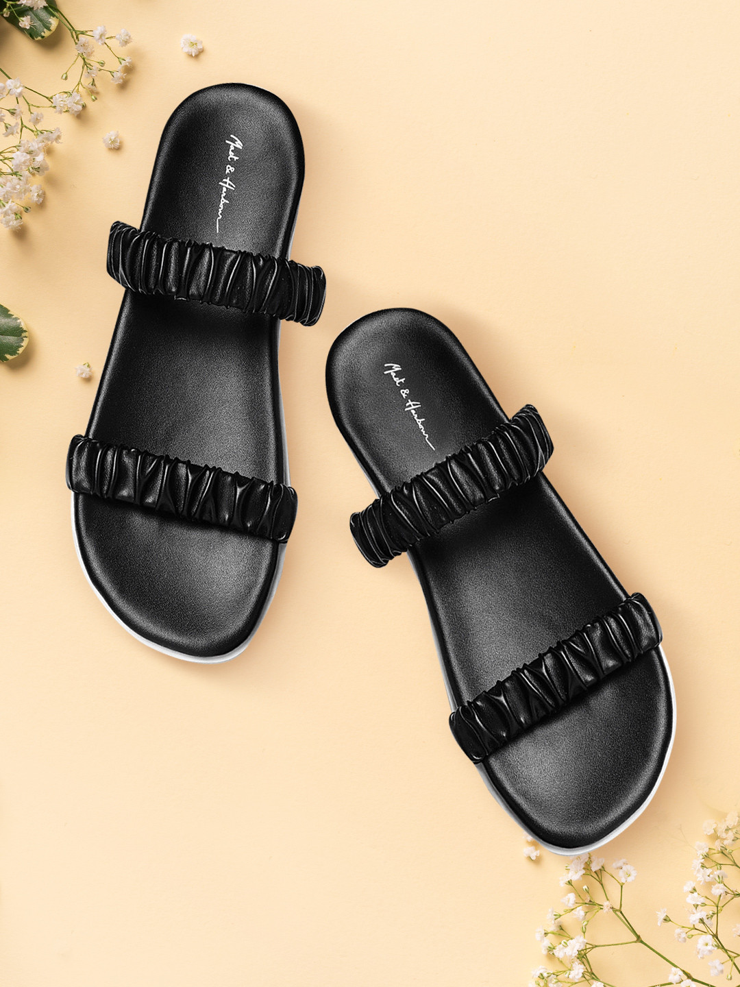 

Mast & Harbour Women Black Solid Ruched Open Toe Flats