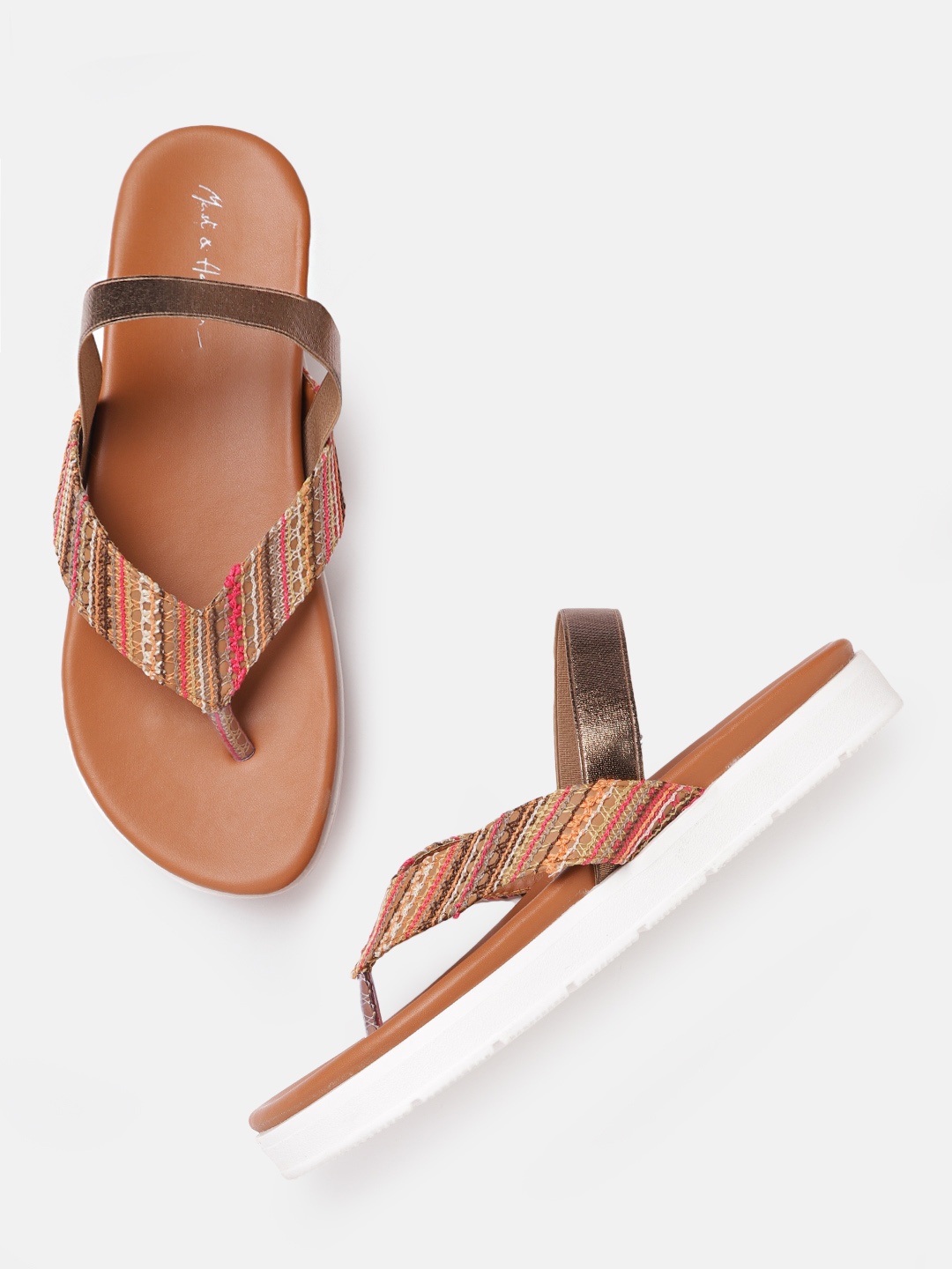

Mast & Harbour Women Tan Brown & Pink Self-Striped Open Toe Flats