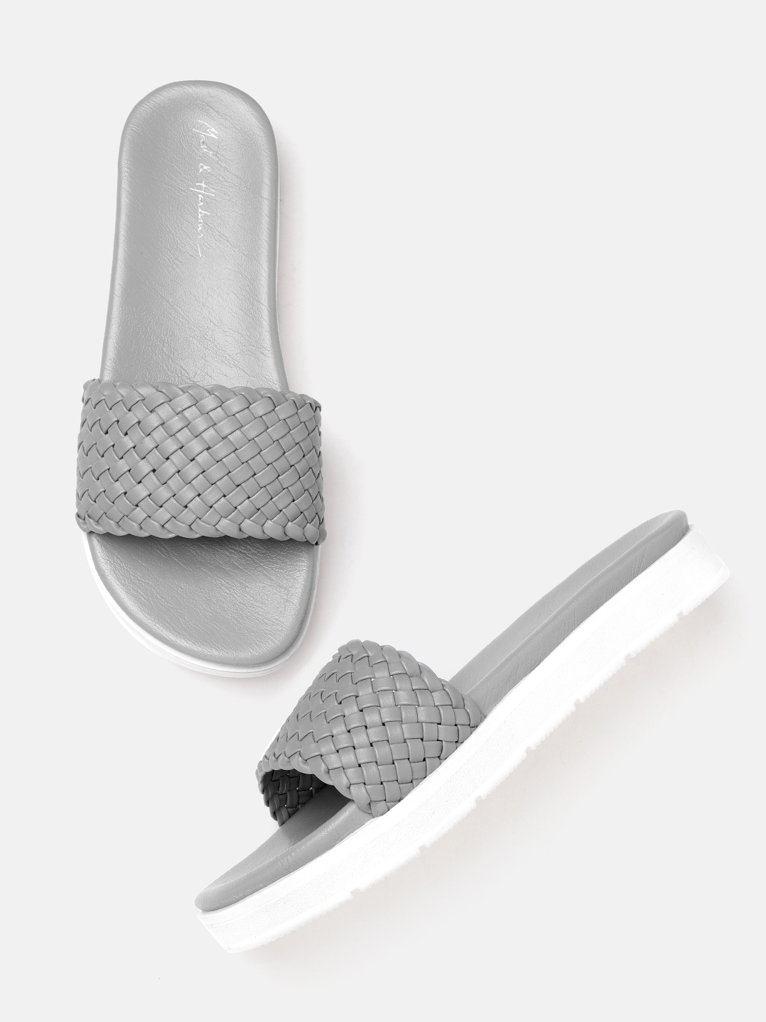 

Mast & Harbour Women Grey Basketweave Open Toe Flats