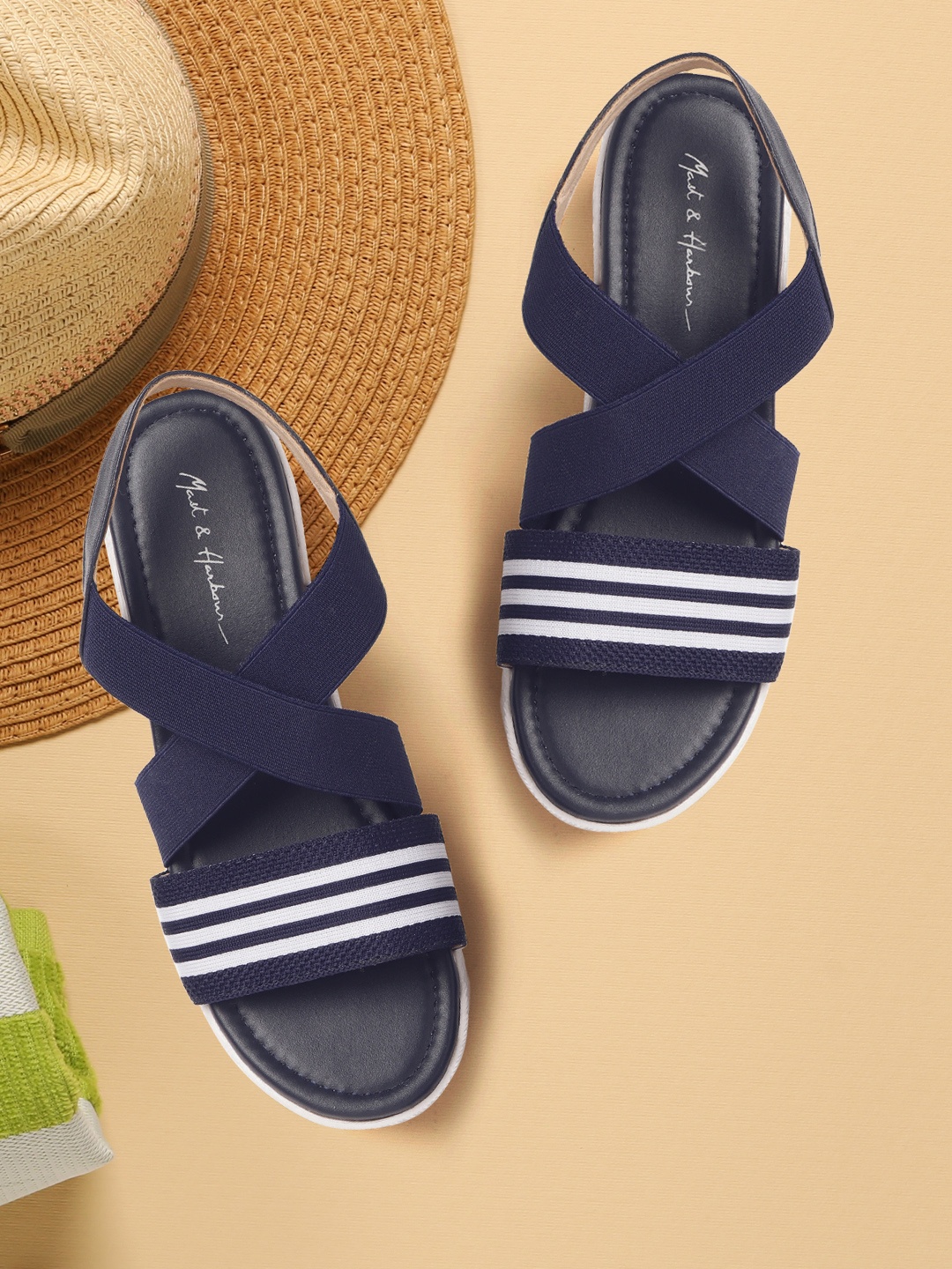 

Mast & Harbour Navy Blue & White Striped Wedges
