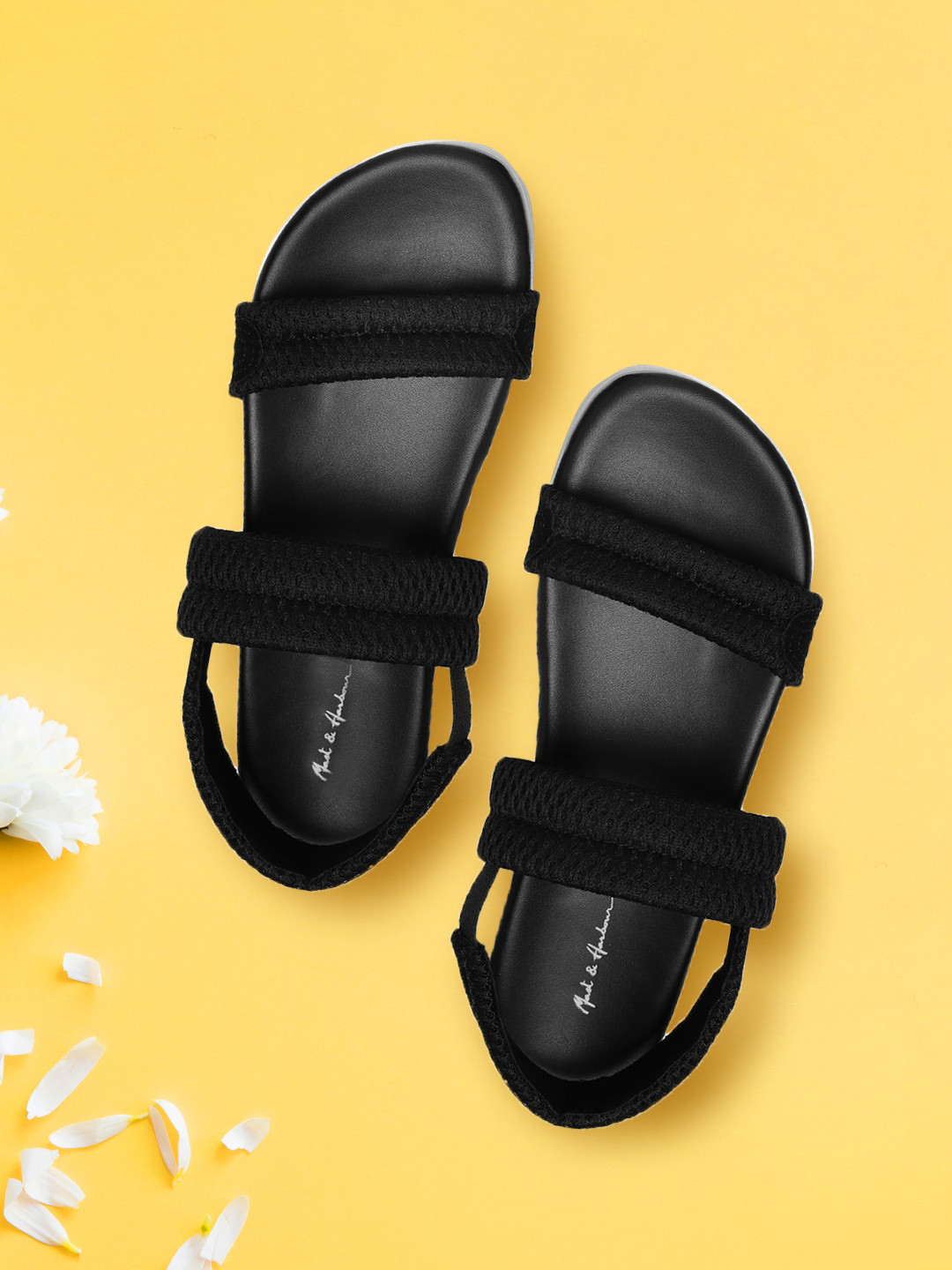 

Mast & Harbour Women Black Solid Woven Design Open Toe Flats