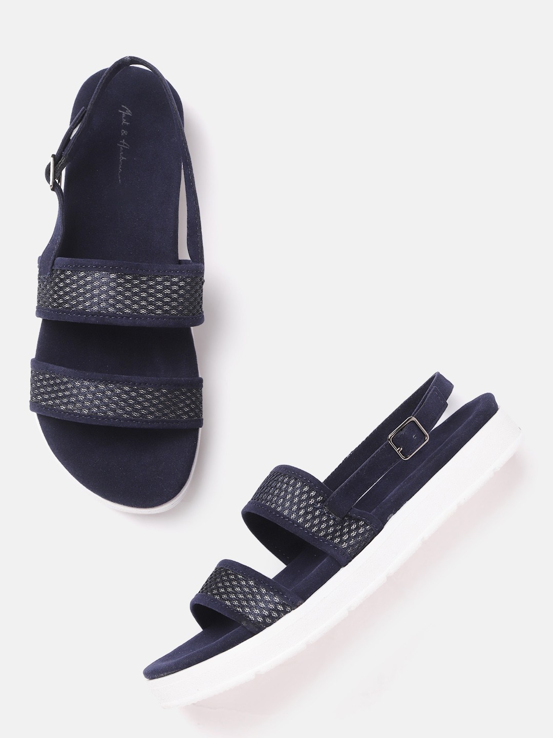

Mast & Harbour Women Navy Blue Woven Design Open Toe Flats