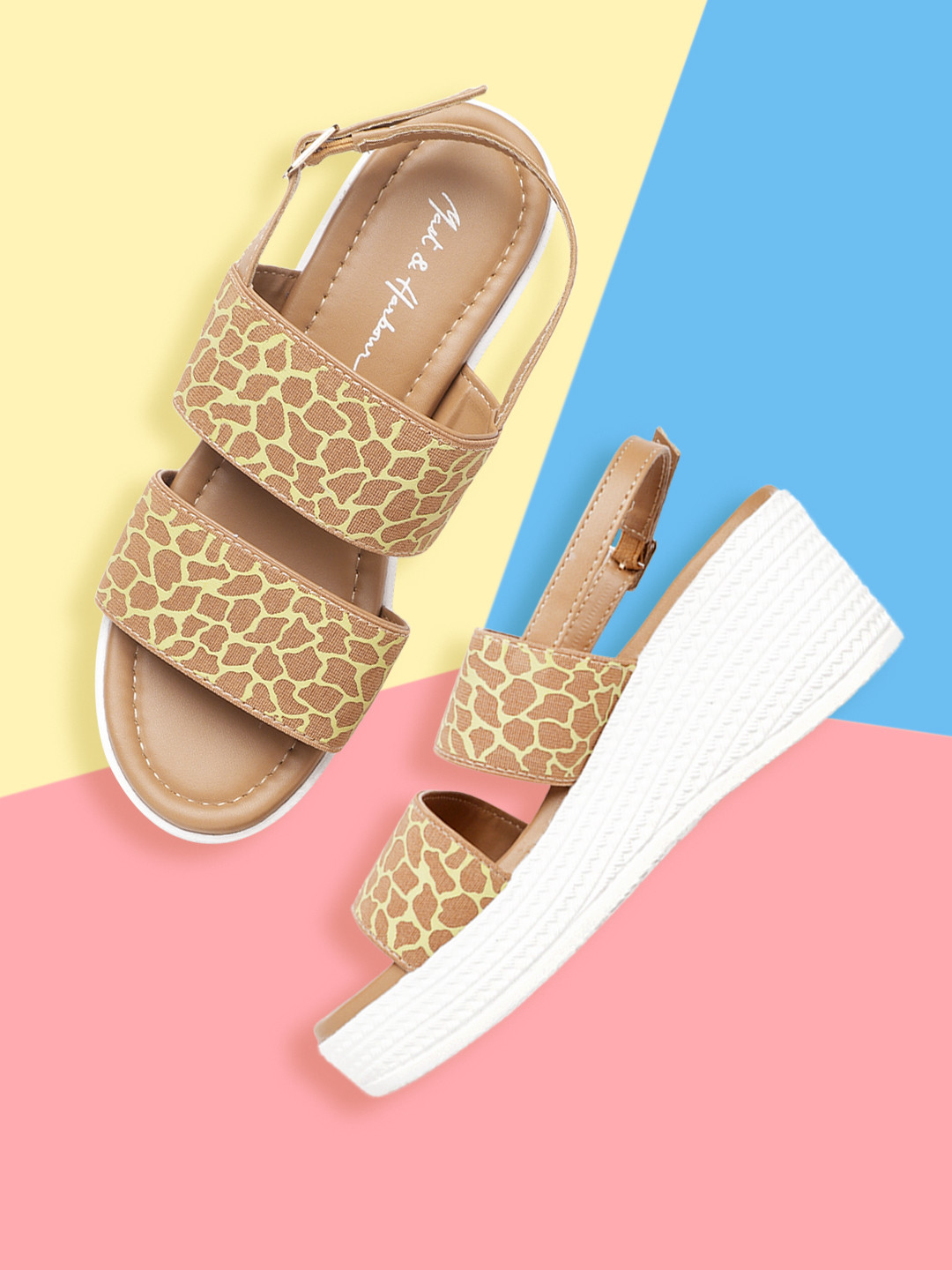 

Mast & Harbour Tan Brown & Pistachio Green Printed Wedges