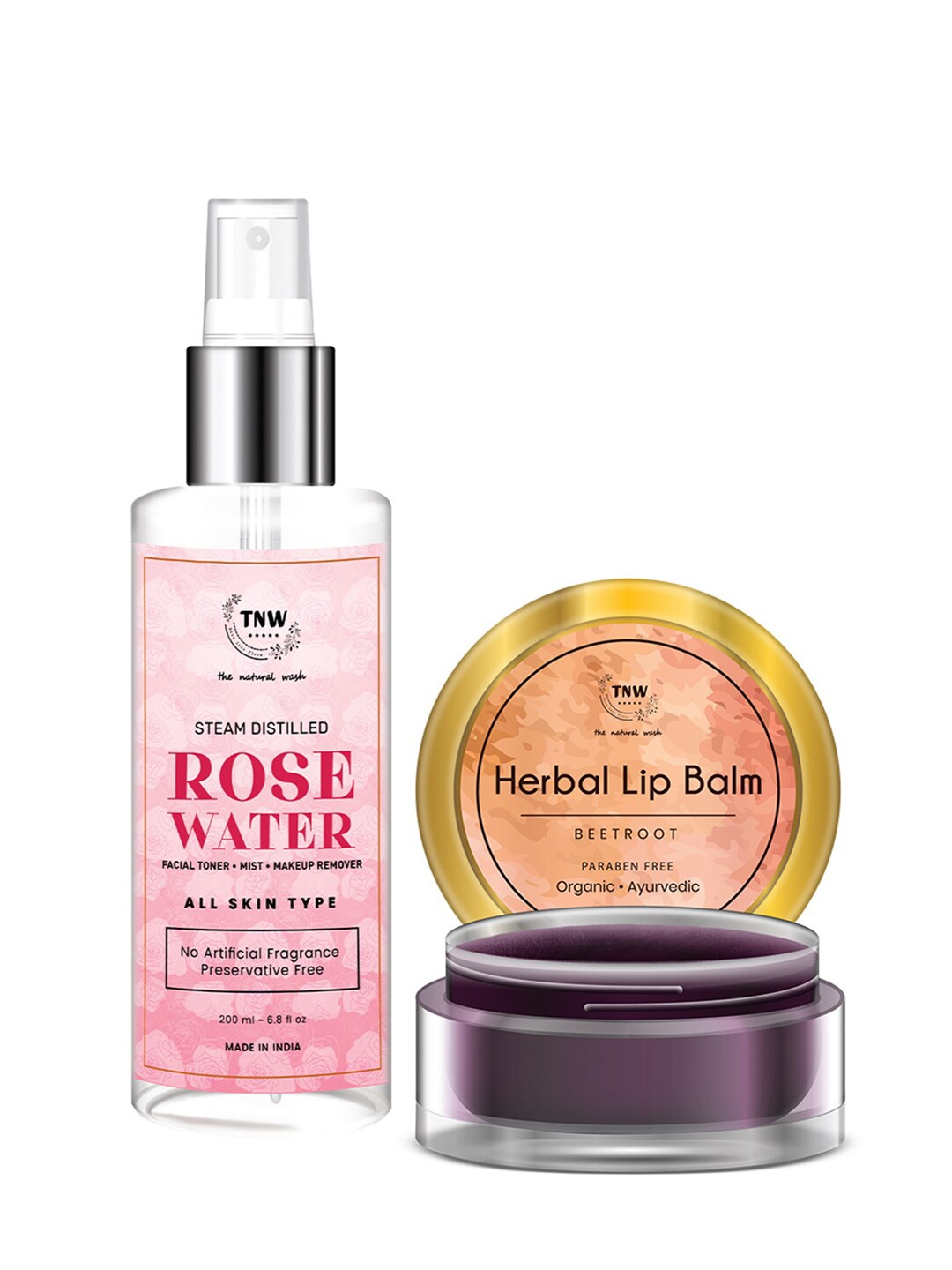 

TNW The Natural Wash Combo of 2 Lip Balm 5 Gm & Rose Water 200 ml, Multi