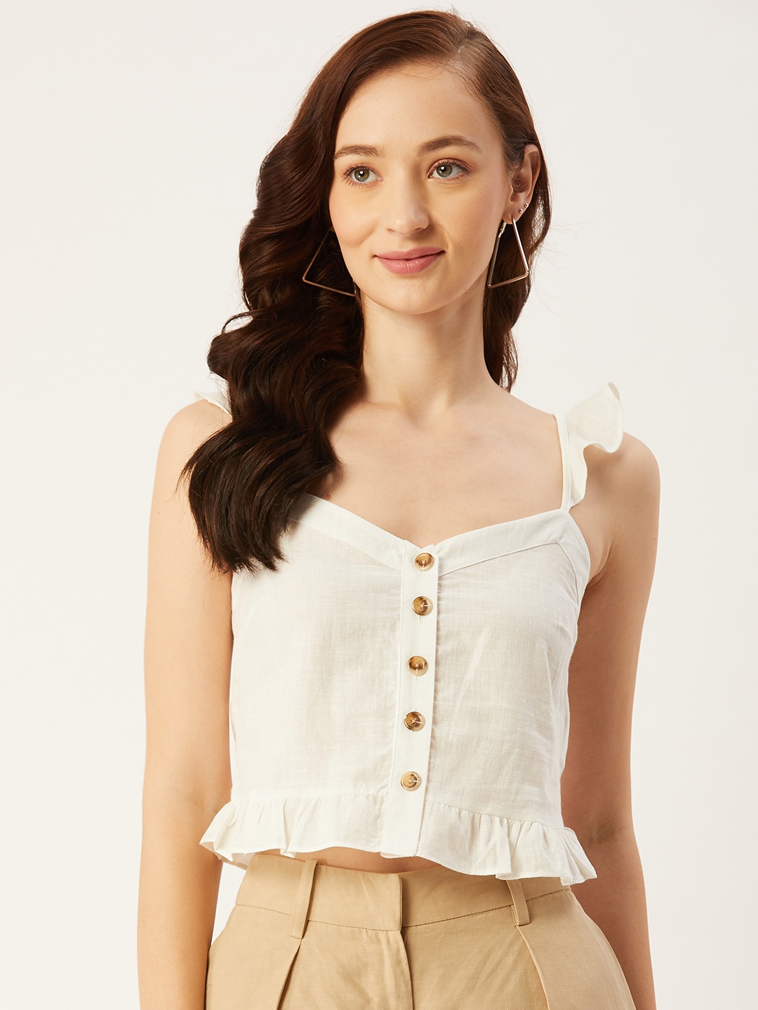 

Trendyol Off-White Ruffles Pure Cotton Crop Top