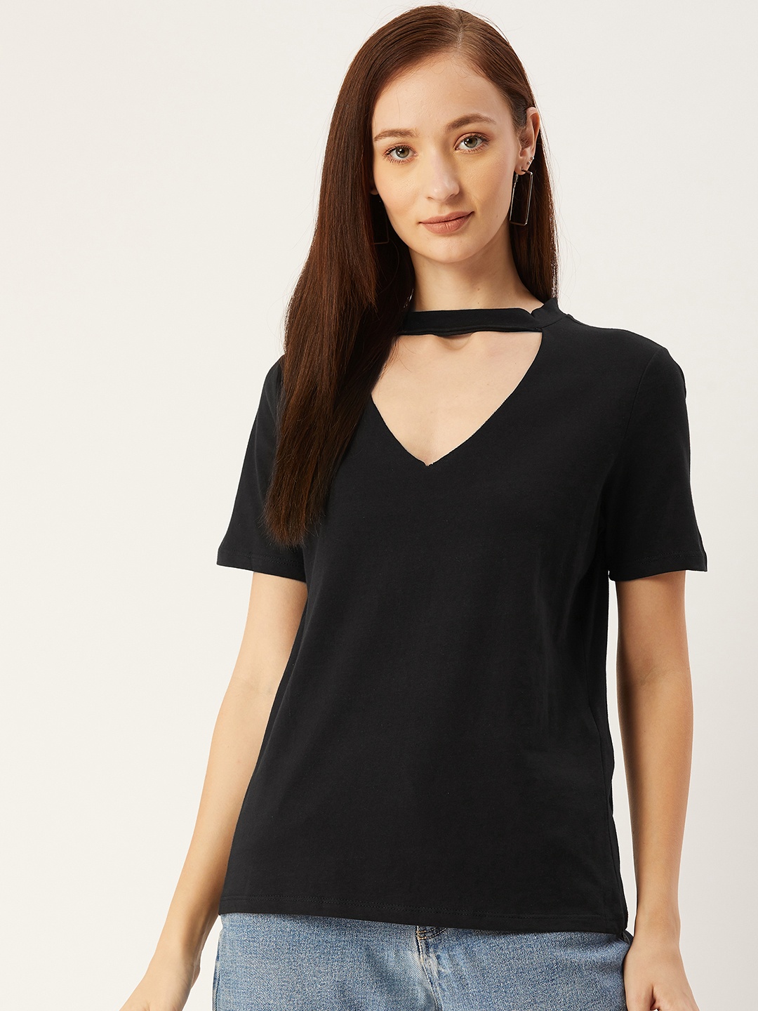 

Trendyol Women Black Solid Pure Cotton T-shirt