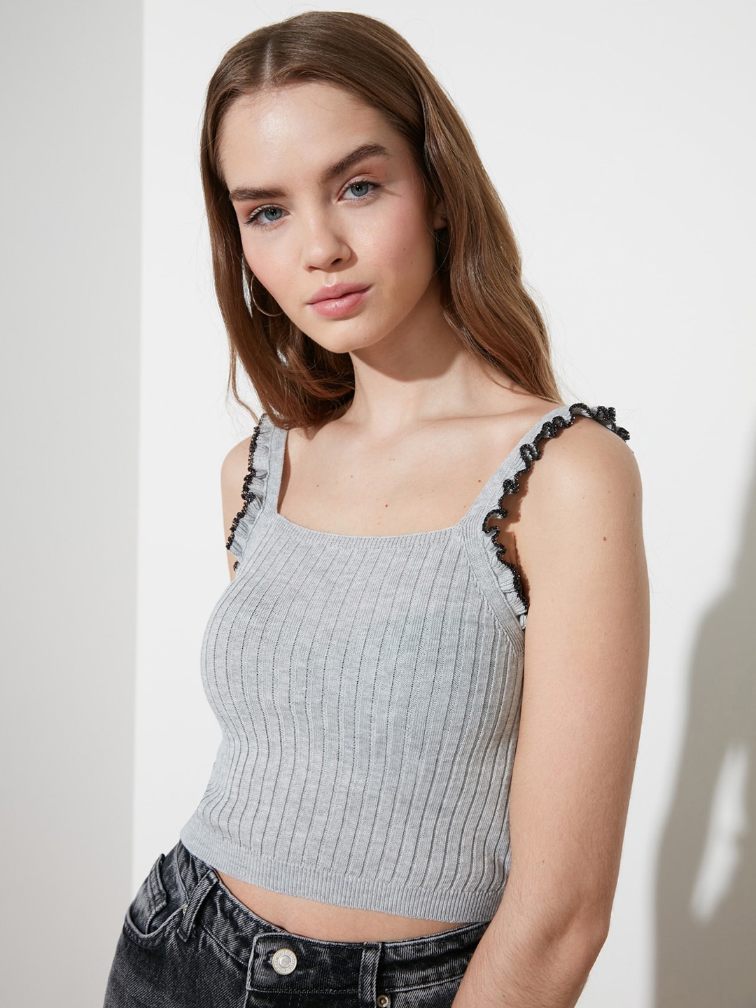 

Trendyol Women Grey Melange Ribbed Ruffles Detail Fitted Crop Top