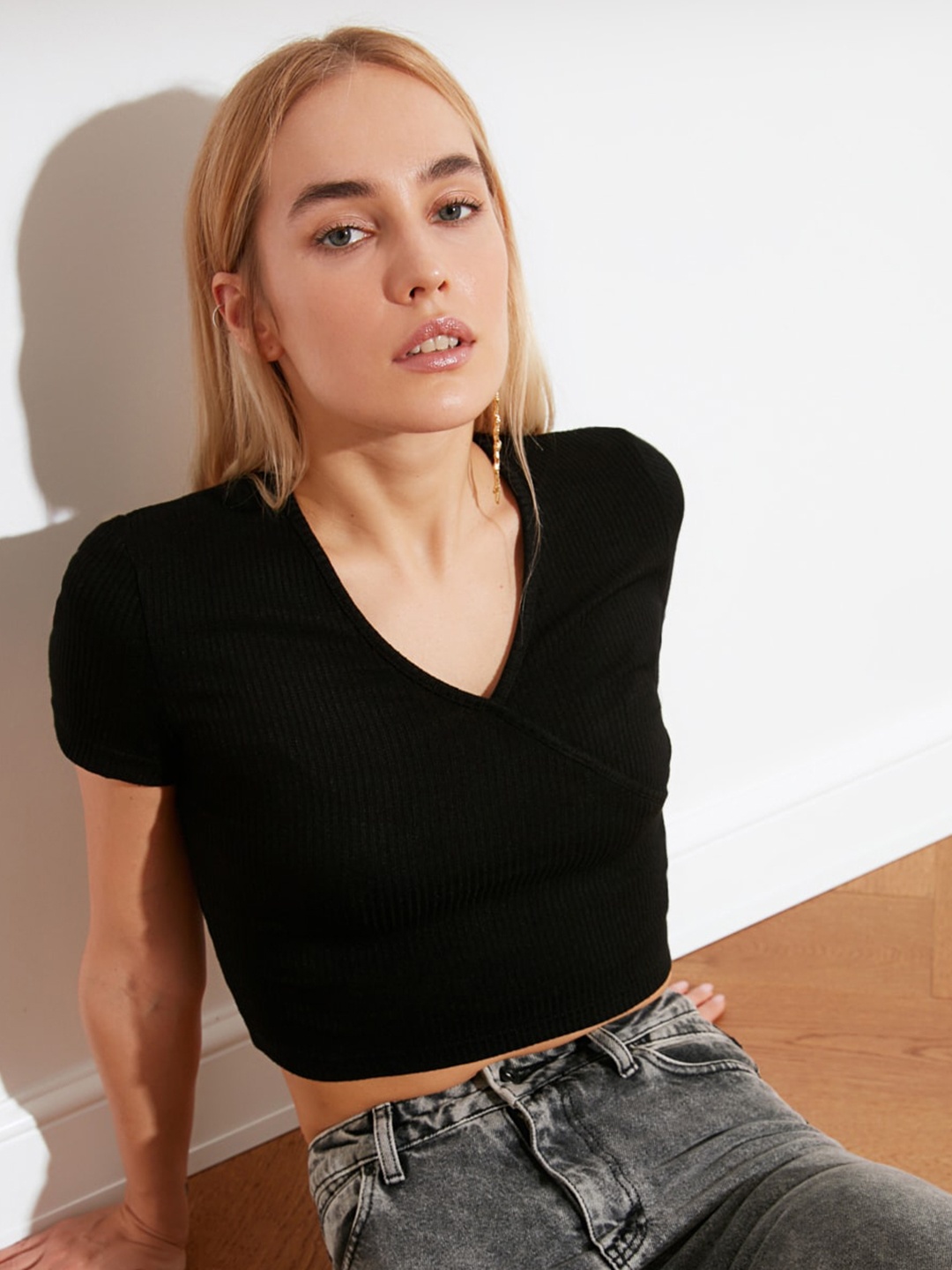 

Trendyol Women Black Ribbed Layered Wrap Crop Top
