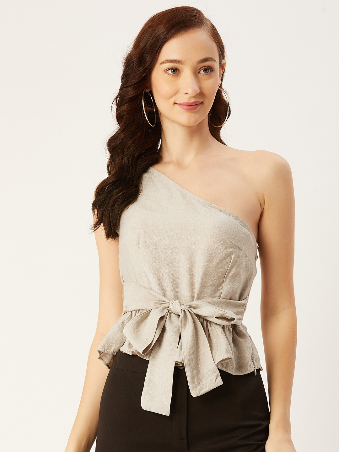

Trendyol Women Beige Solid One Shoulder Peplum Top with Waist Tie-Ups