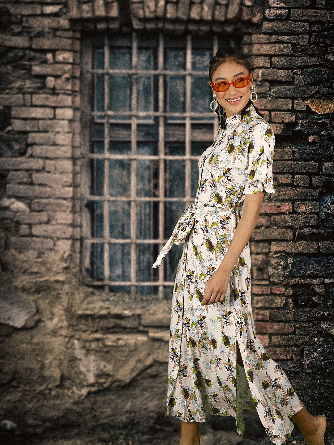

Trendyol Off White Coffee Brown Floral Printed Shirt Midi Dress