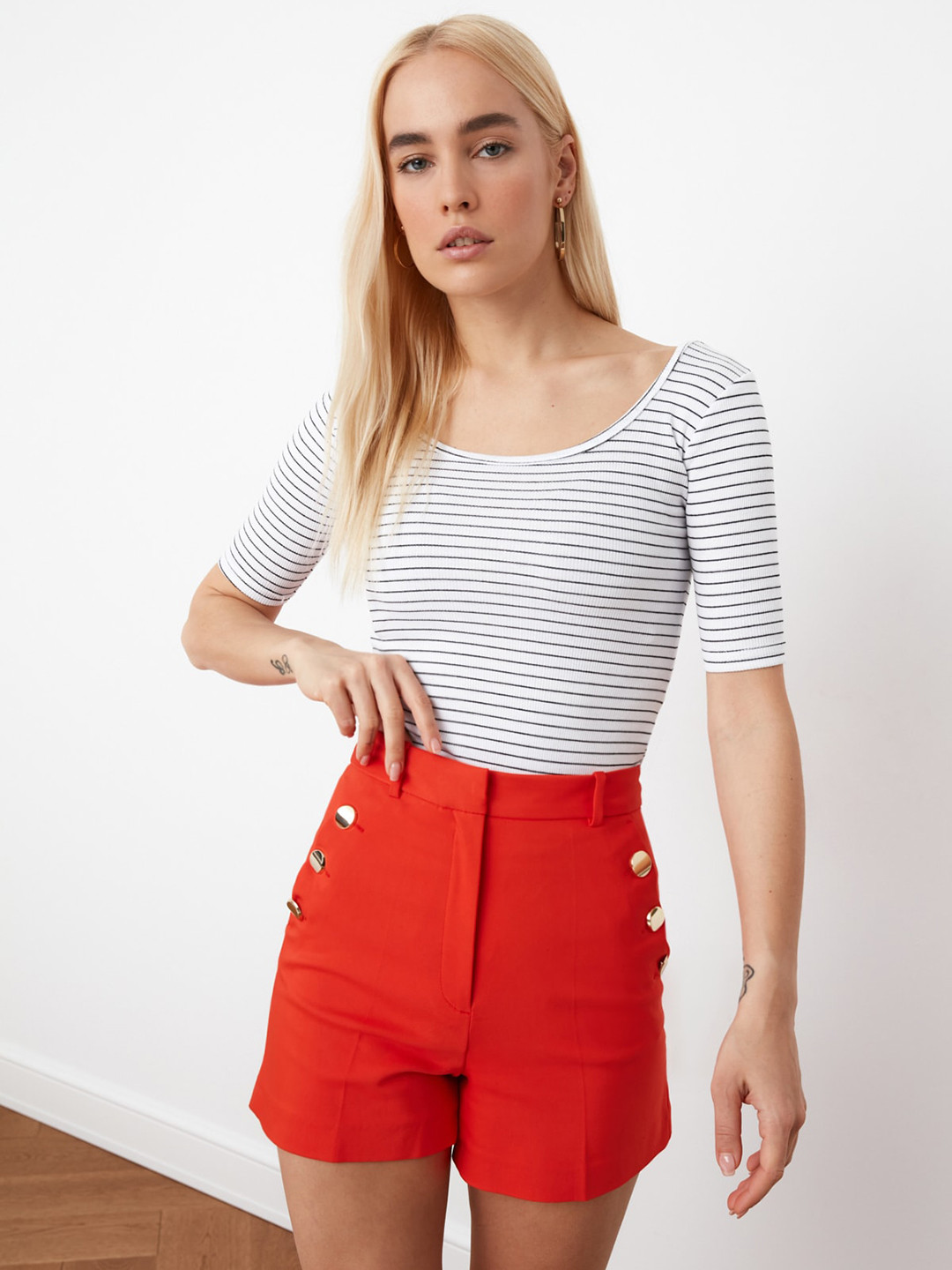 

Trendyol Women White Black Striped T-shirt