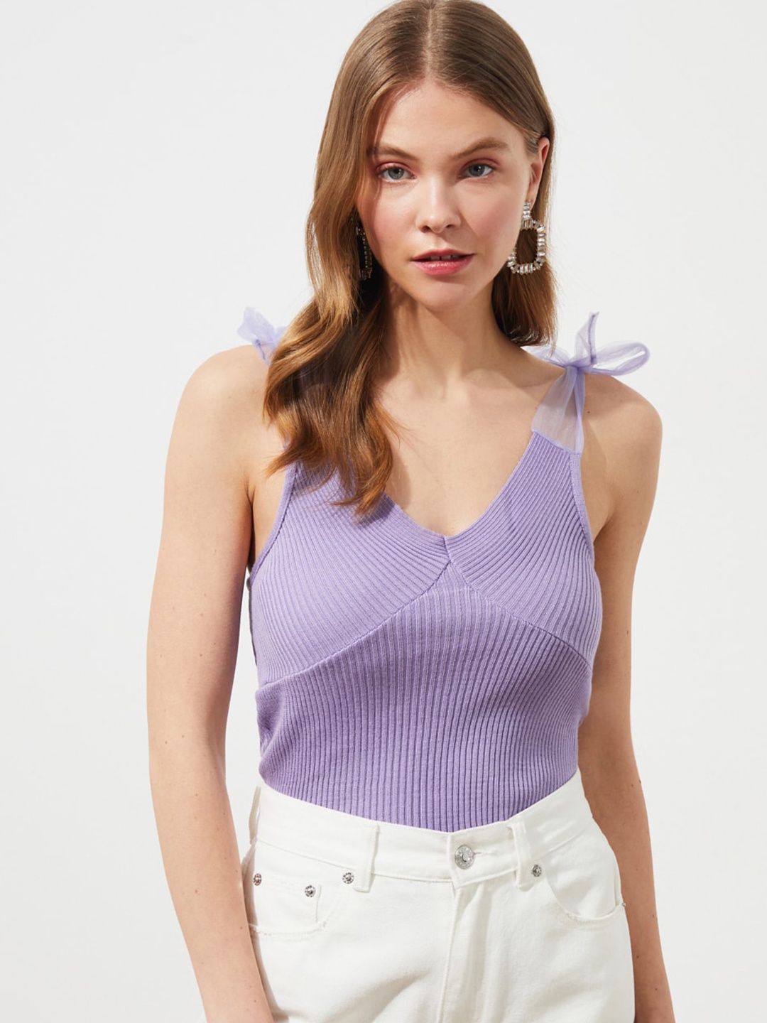 

Trendyol Lavender Solid Regular Top With Net Tie-Up Detail