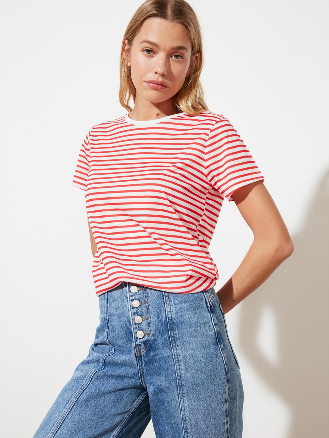 

Trendyol Women White Red Striped T-shirt