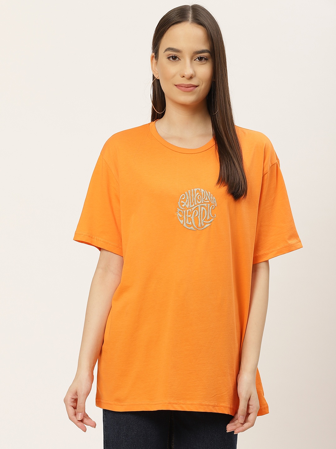 

Trendyol Women Orange Cream-Coloured Cotton Longline T-shirt