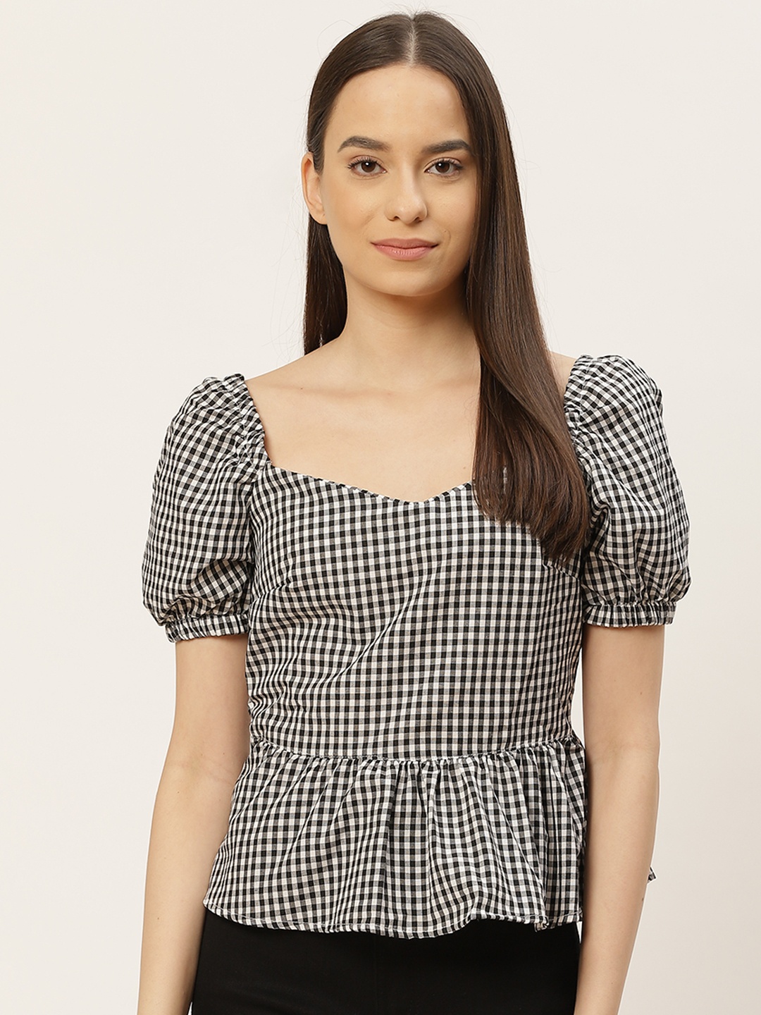 

Trendyol Black White Checked Sweetheart Neck Peplum Top