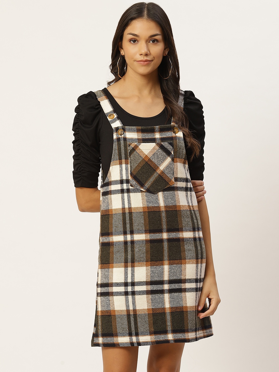 

Trendyol White Charcoal Grey Checked Pinafore Dress