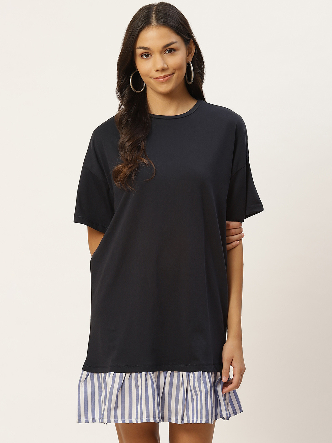 

Trendyol Navy Blue Pure Cotton Solid T-shirt Dress
