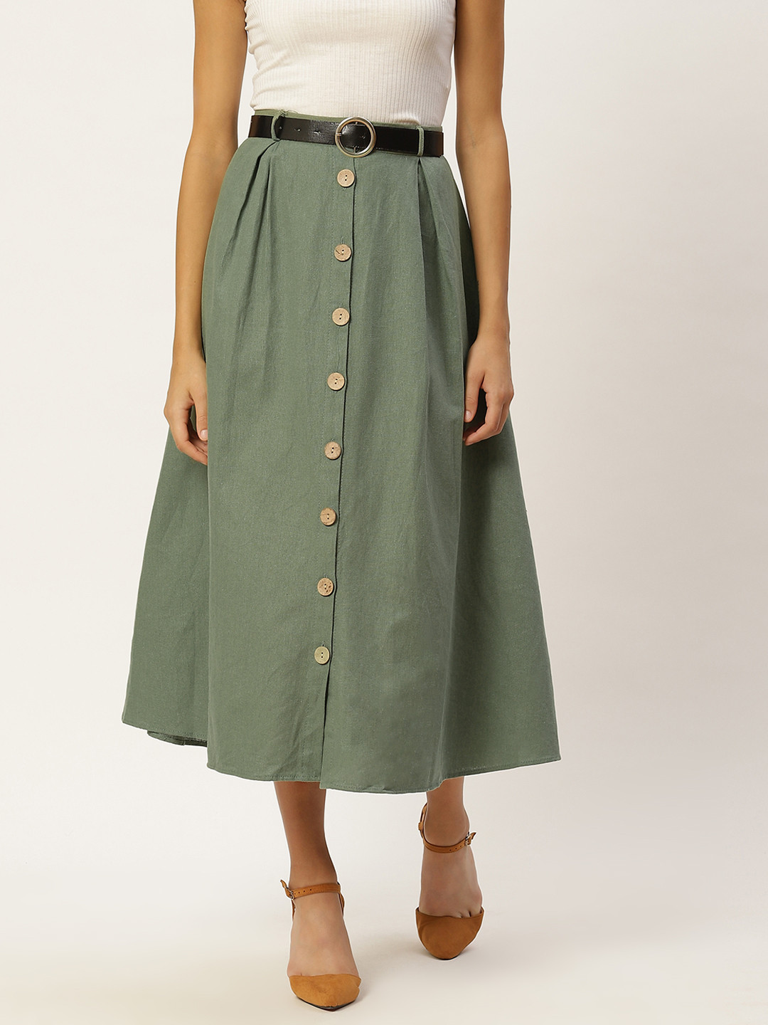

Trendyol Olive Green Linen Pleated Detail Midi Flared Skirt Belt