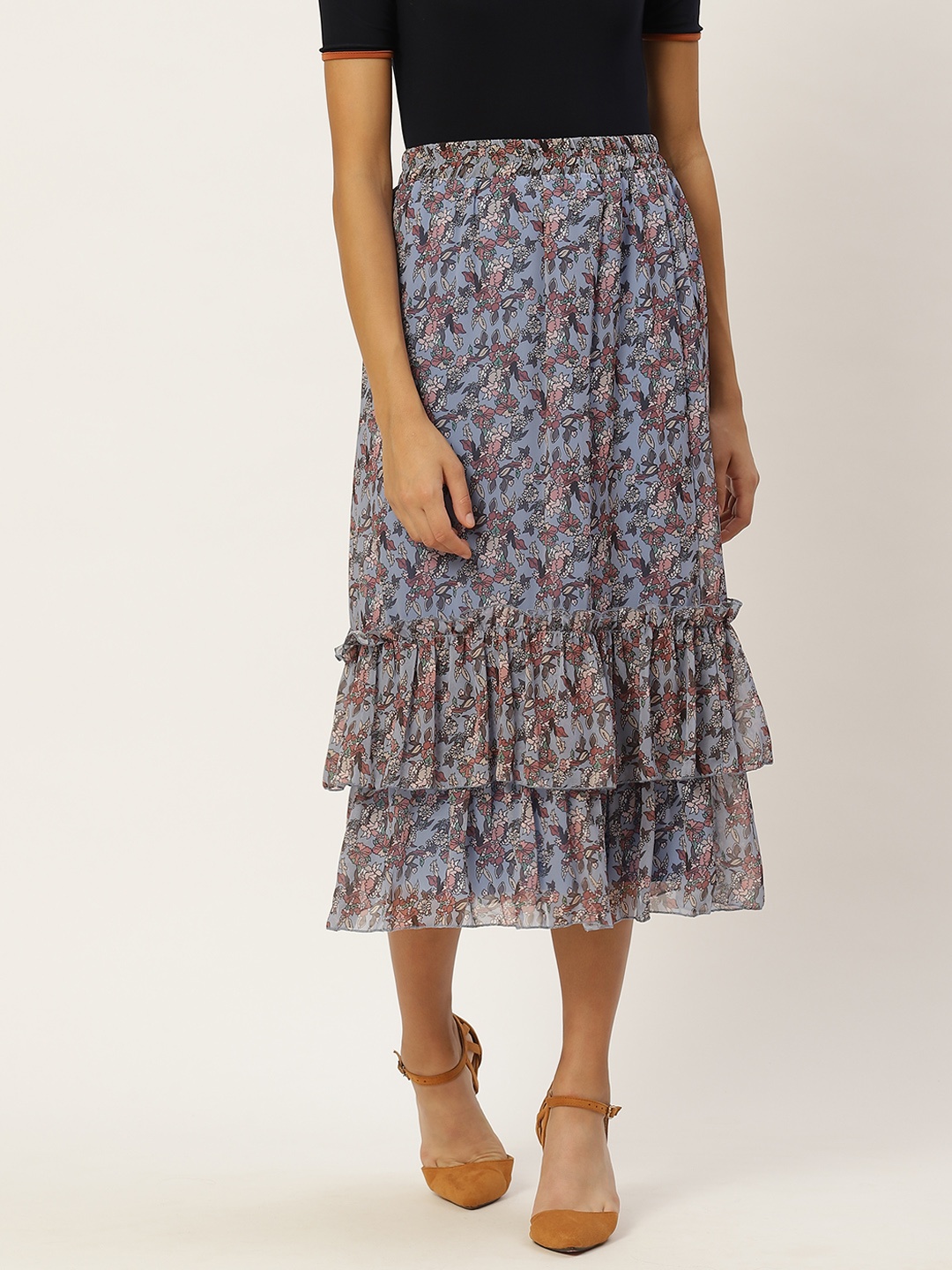 

Trendyol Women Blue Peach-Coloured Floral Ruffled Tiered Midi Flared Skirt